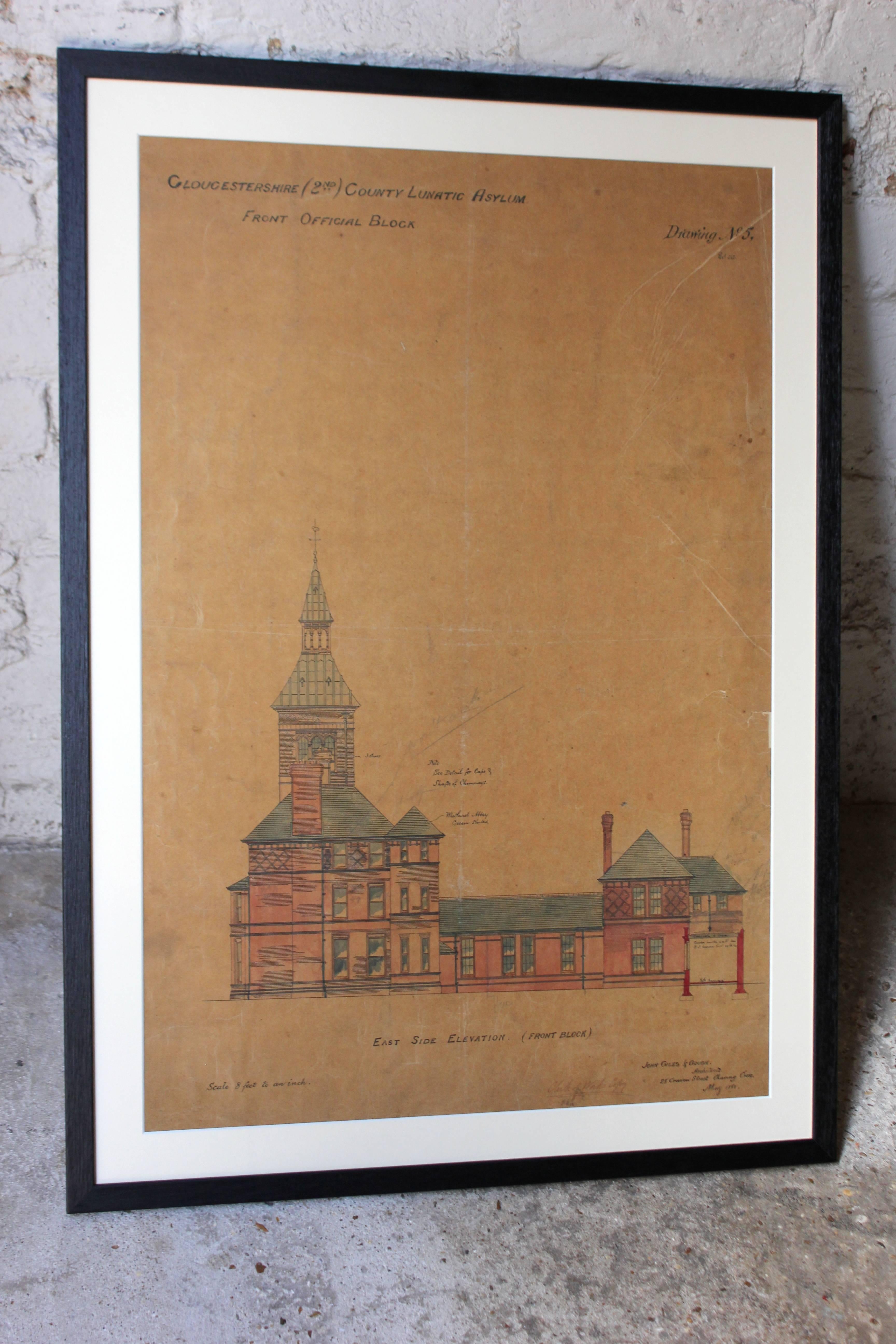 Late 19th Century Five Framed 19th century Architects Drawings and Plans, Lunatic Asylum Interest