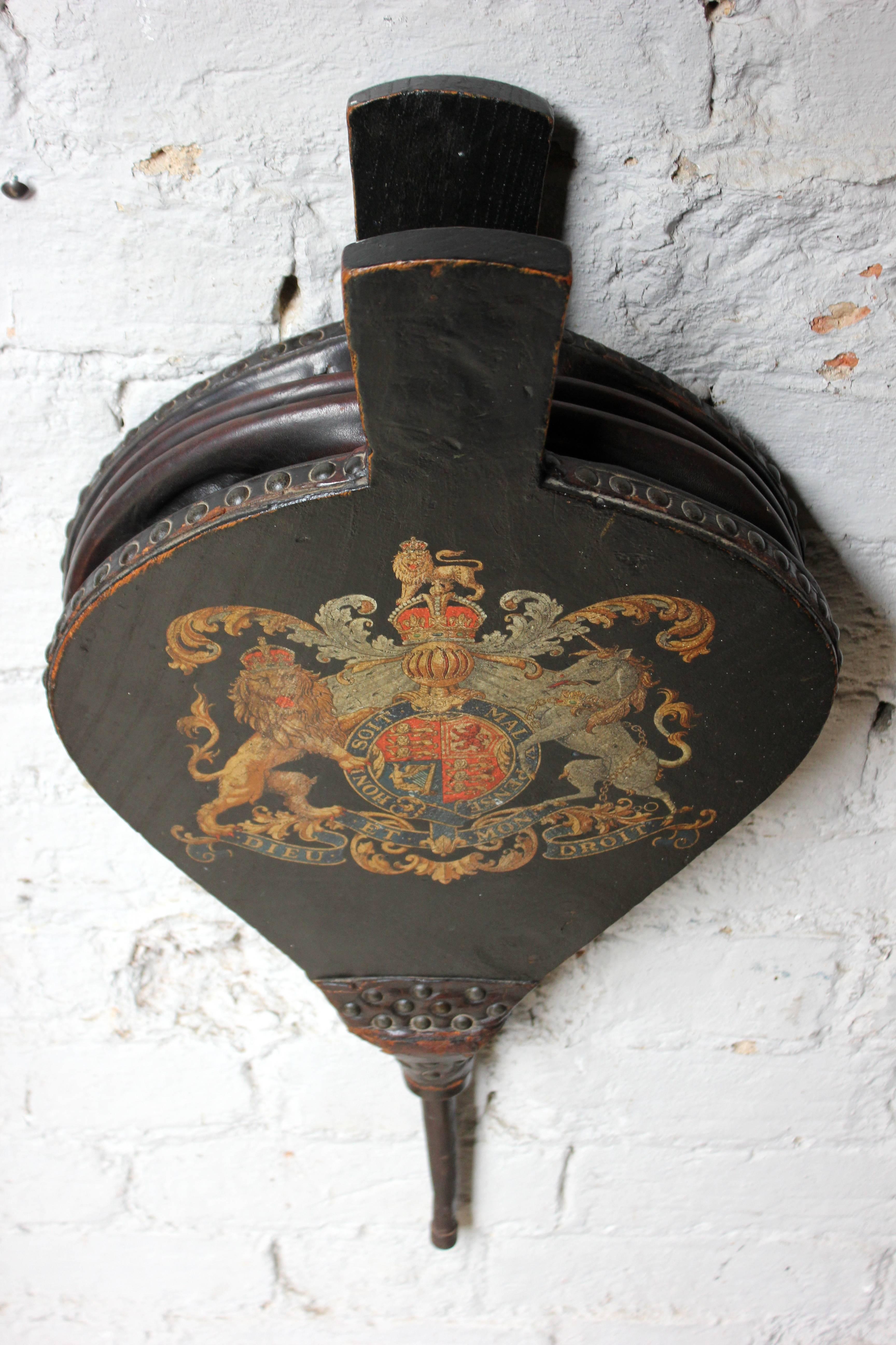 Late Victorian Polychrome Painted Studded Leather Bound Pair of Bellows, The Royal Coat of Arms