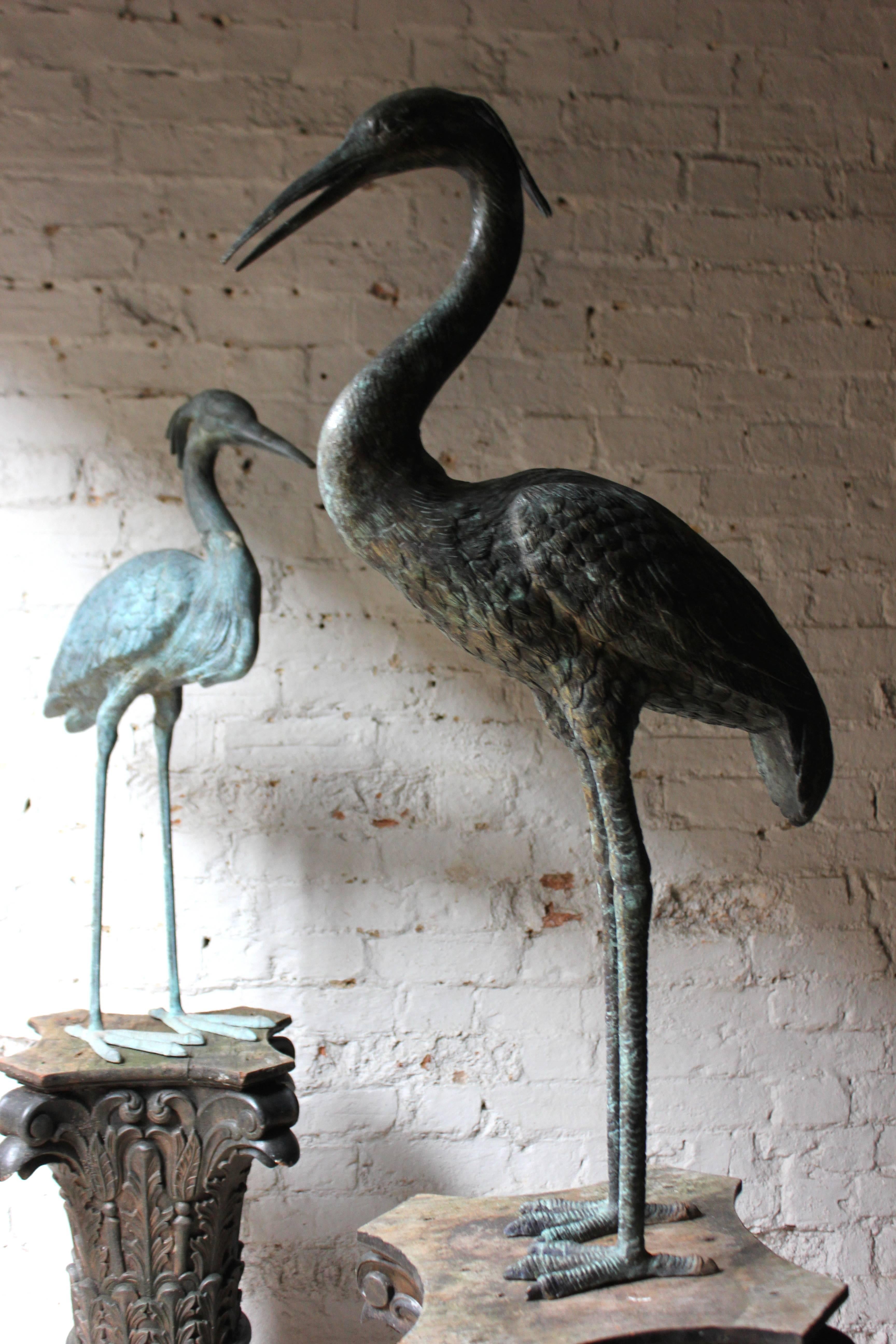 Pair of Mid-20th Century Ornamental Verdigris Cast Bronze Standing Herons In Good Condition In Bedford, Bedfordshire