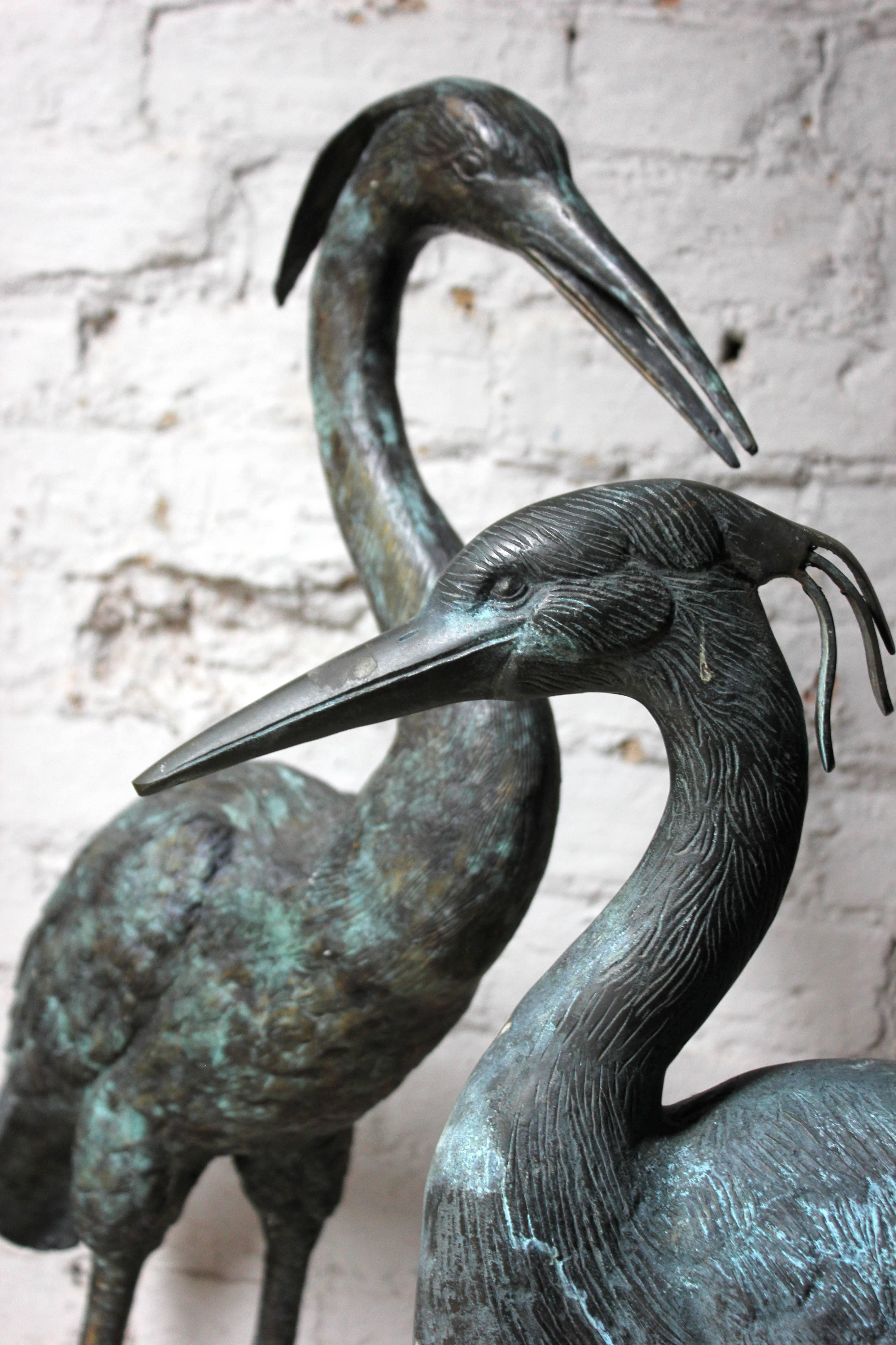 Pair of Mid-20th Century Ornamental Verdigris Cast Bronze Standing Herons 1