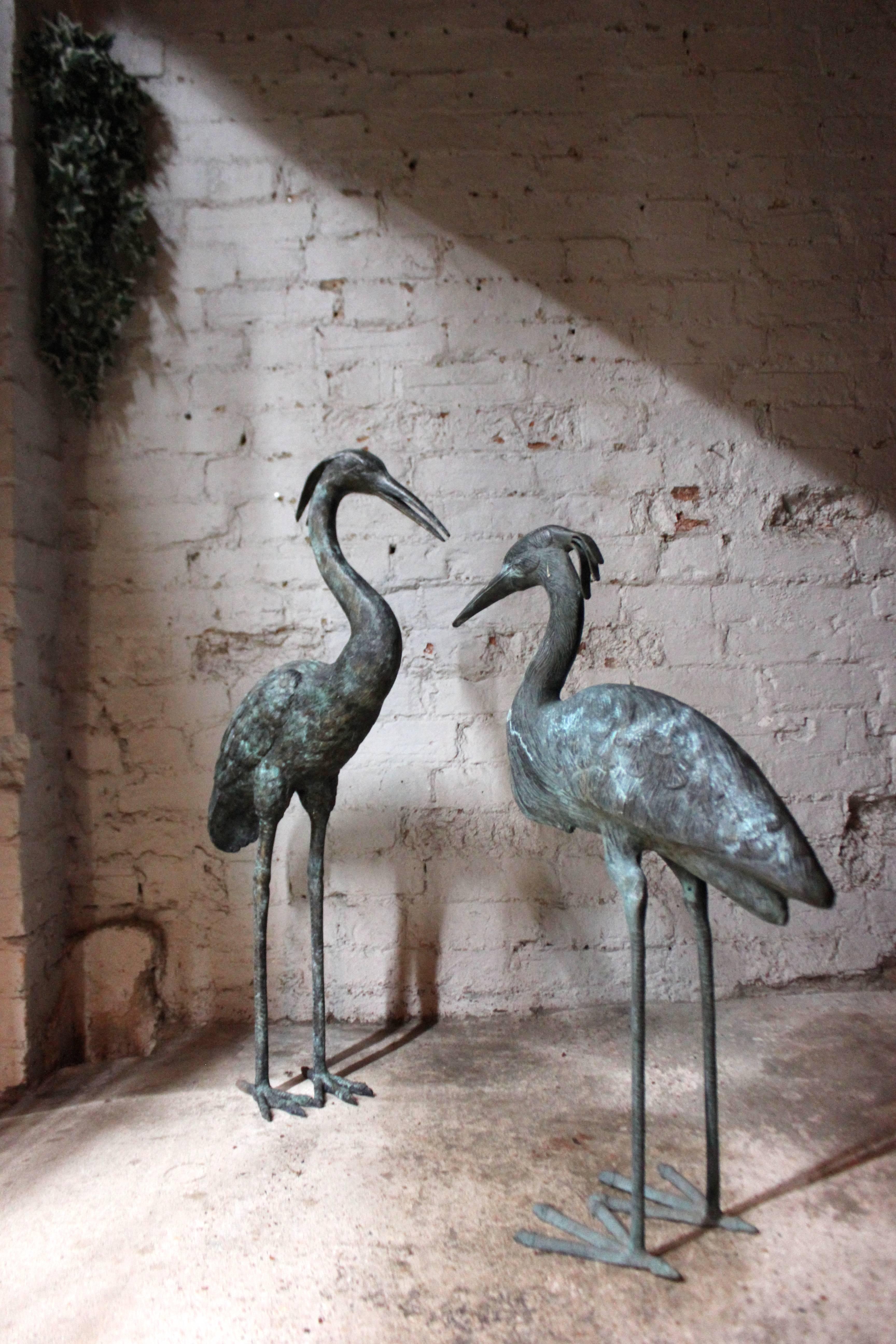 Pair of Mid-20th Century Ornamental Verdigris Cast Bronze Standing Herons 3