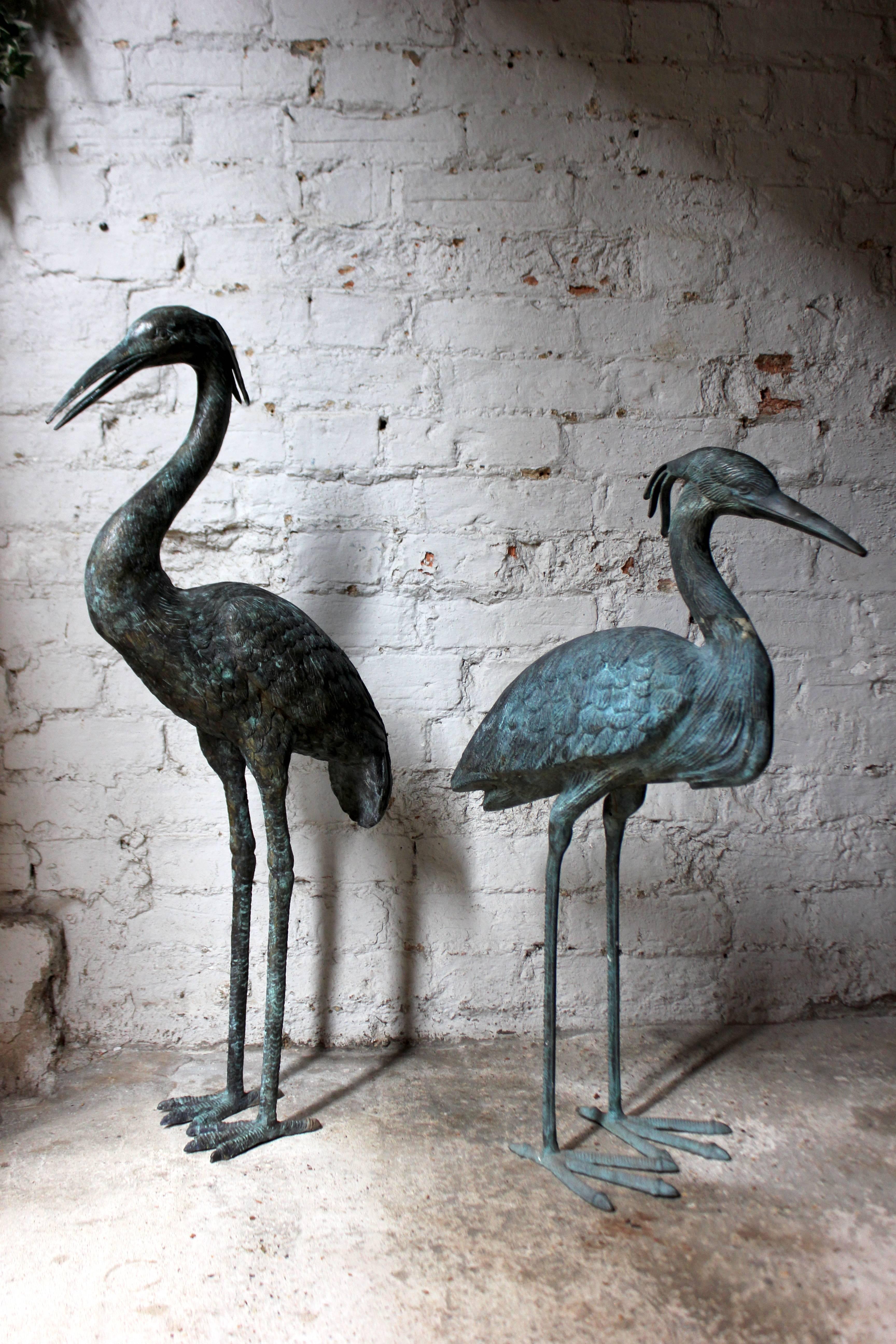 Pair of Mid-20th Century Ornamental Verdigris Cast Bronze Standing Herons 5