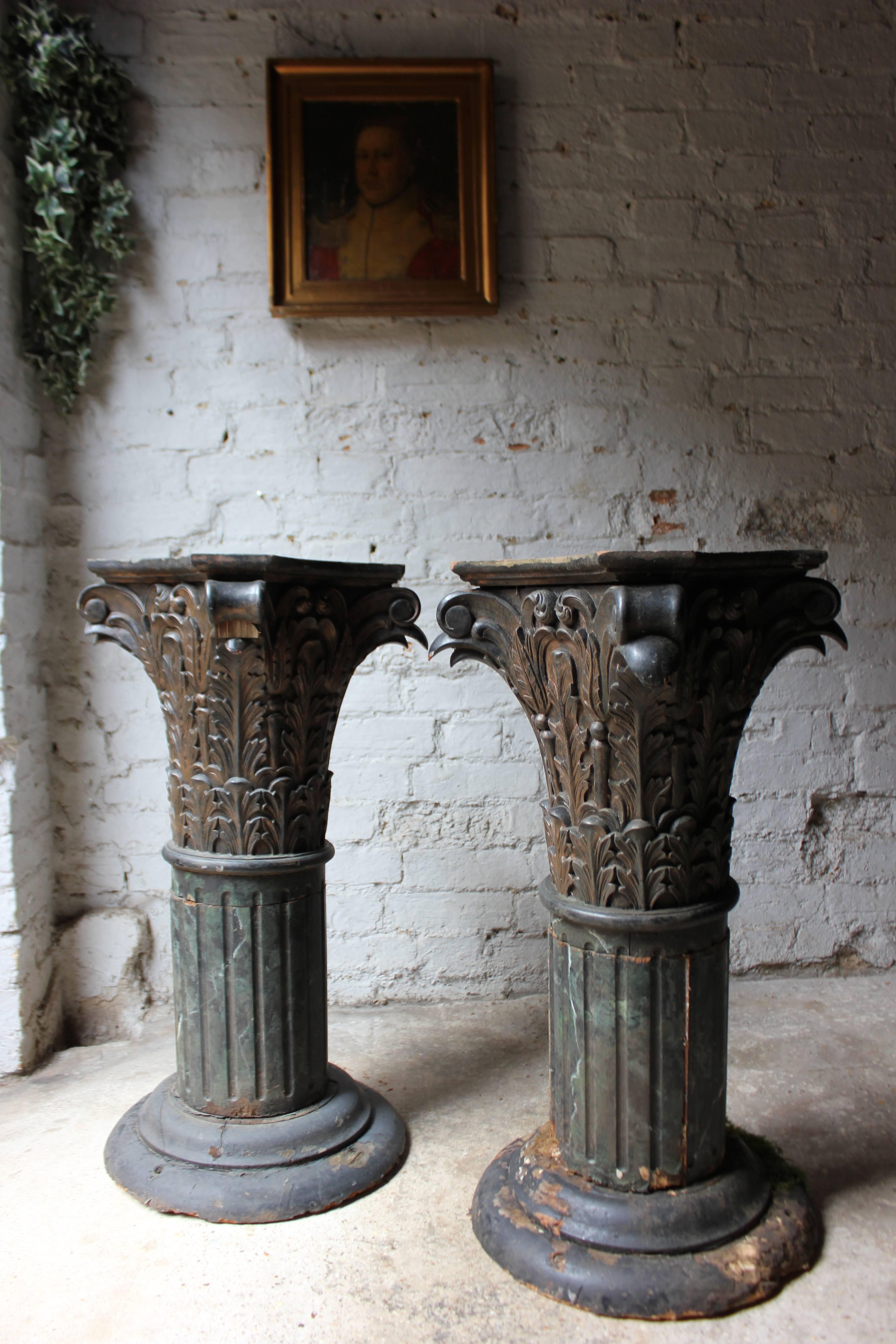 Mid-20th Century Pair of Carved Pine Faux Marble Painted Corinthian Column Pedestals