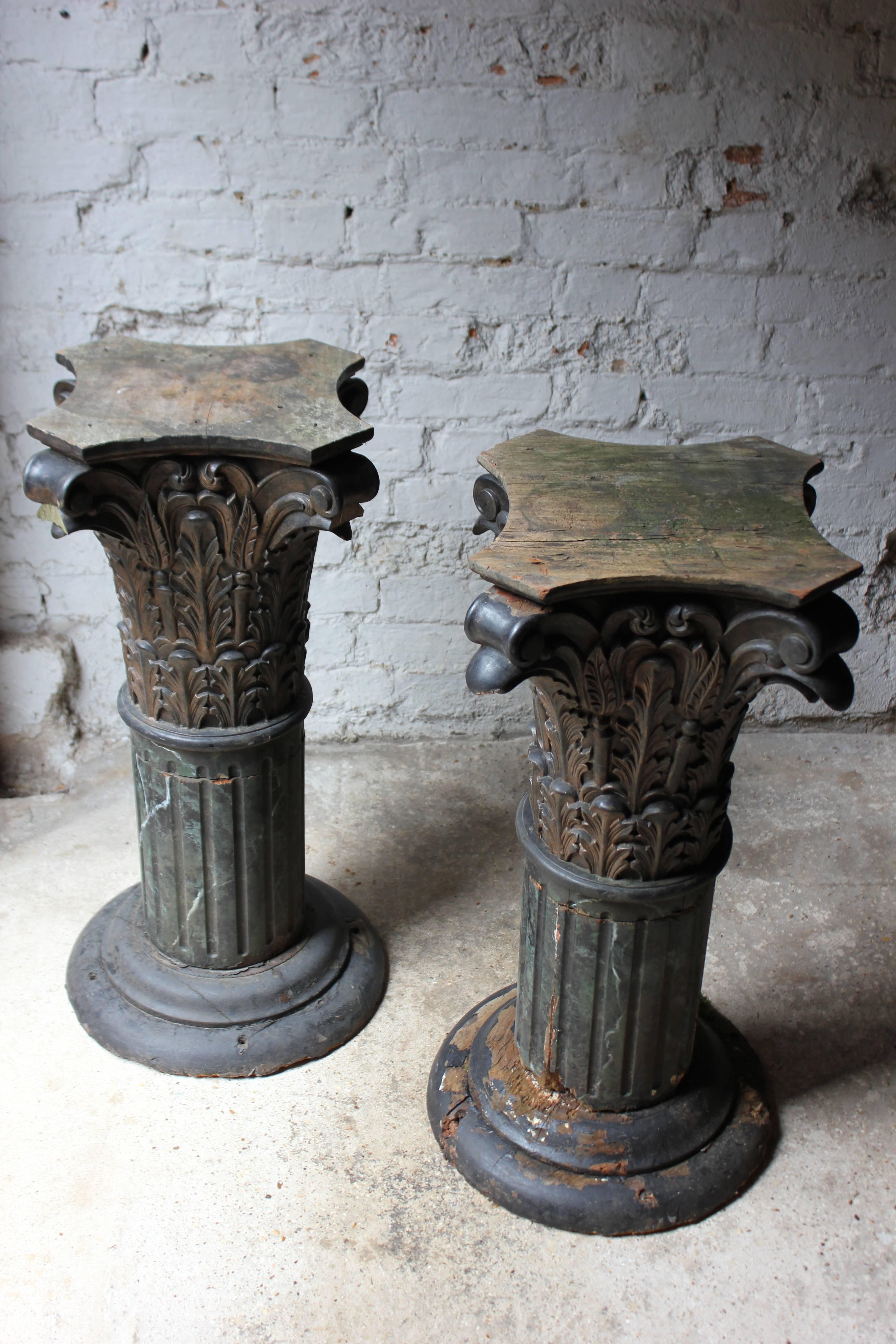 Pair of Carved Pine Faux Marble Painted Corinthian Column Pedestals In Distressed Condition In Bedford, Bedfordshire