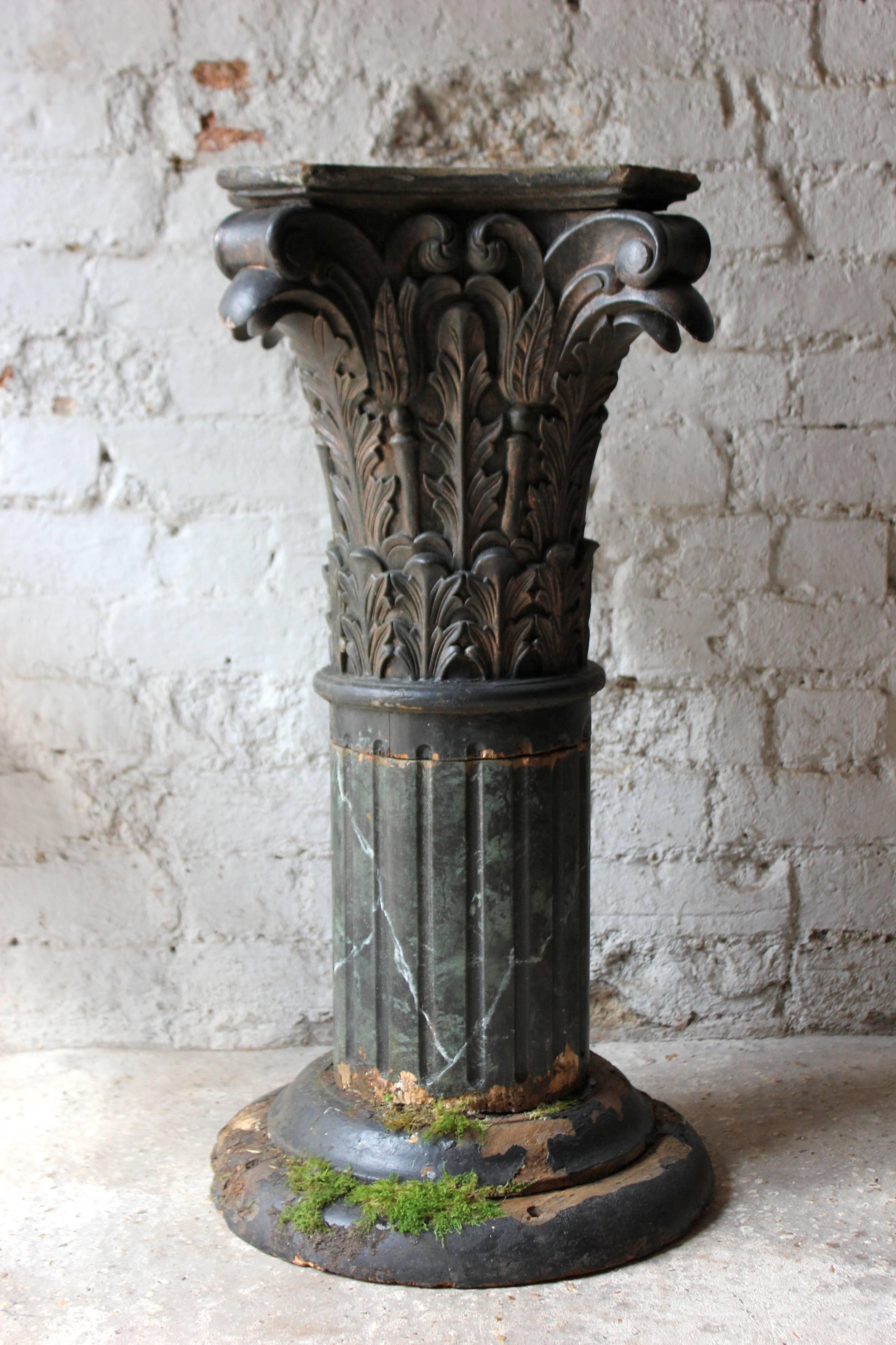 Hand-Carved Pair of Carved Pine Faux Marble Painted Corinthian Column Pedestals