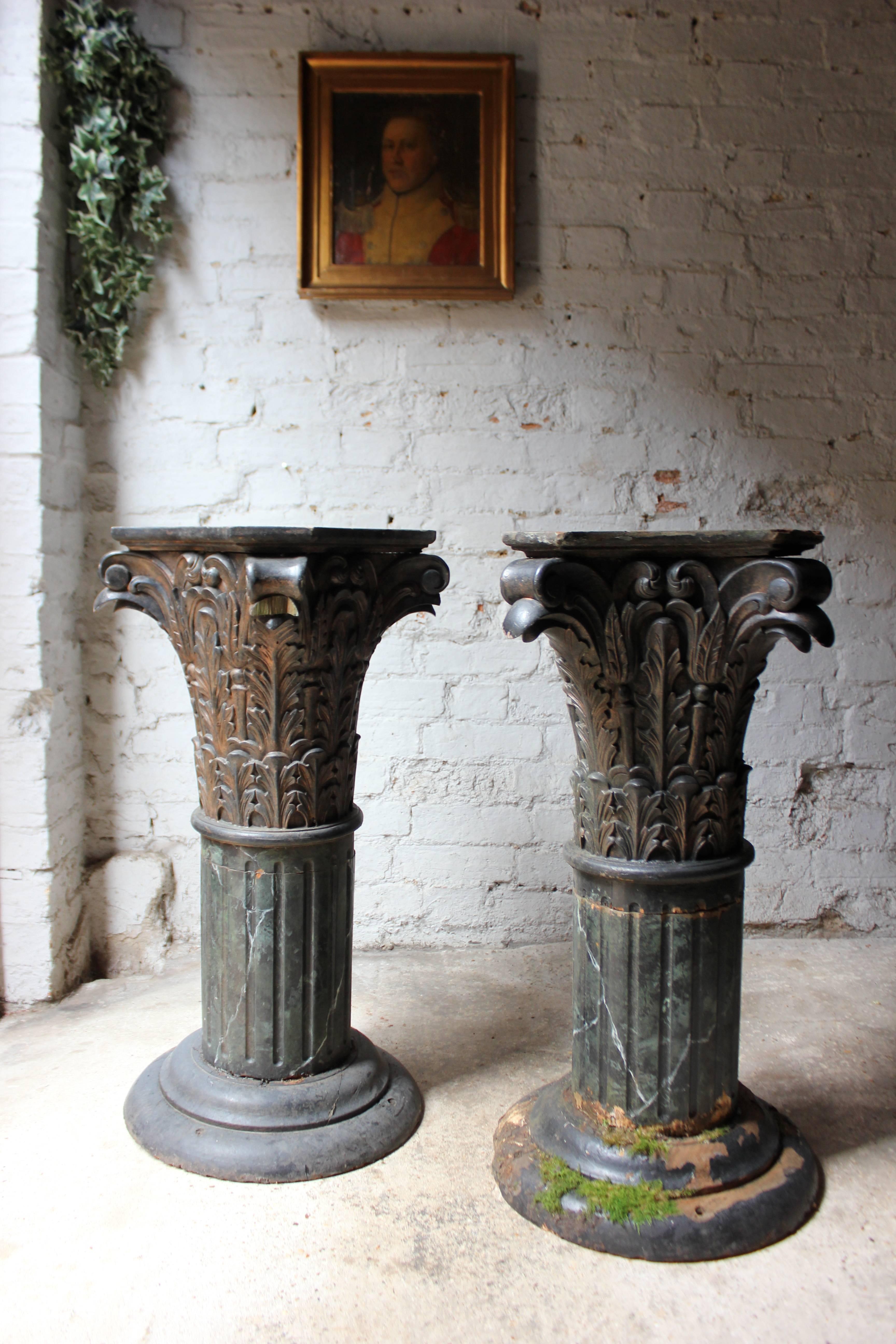 Pair of Carved Pine Faux Marble Painted Corinthian Column Pedestals 1