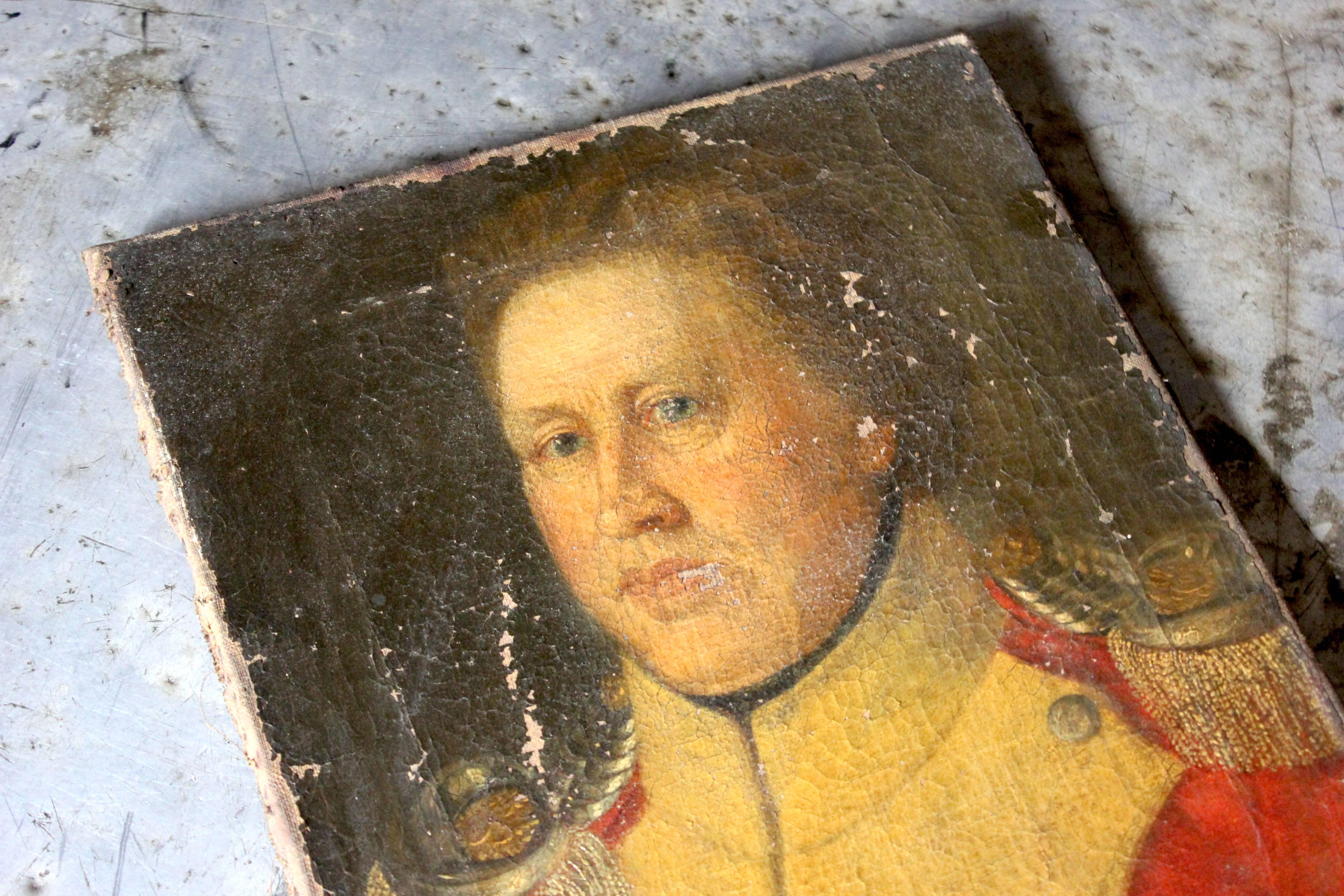Hand-Painted Continental Provincial School Oil on Canvas Portrait of Military Officer