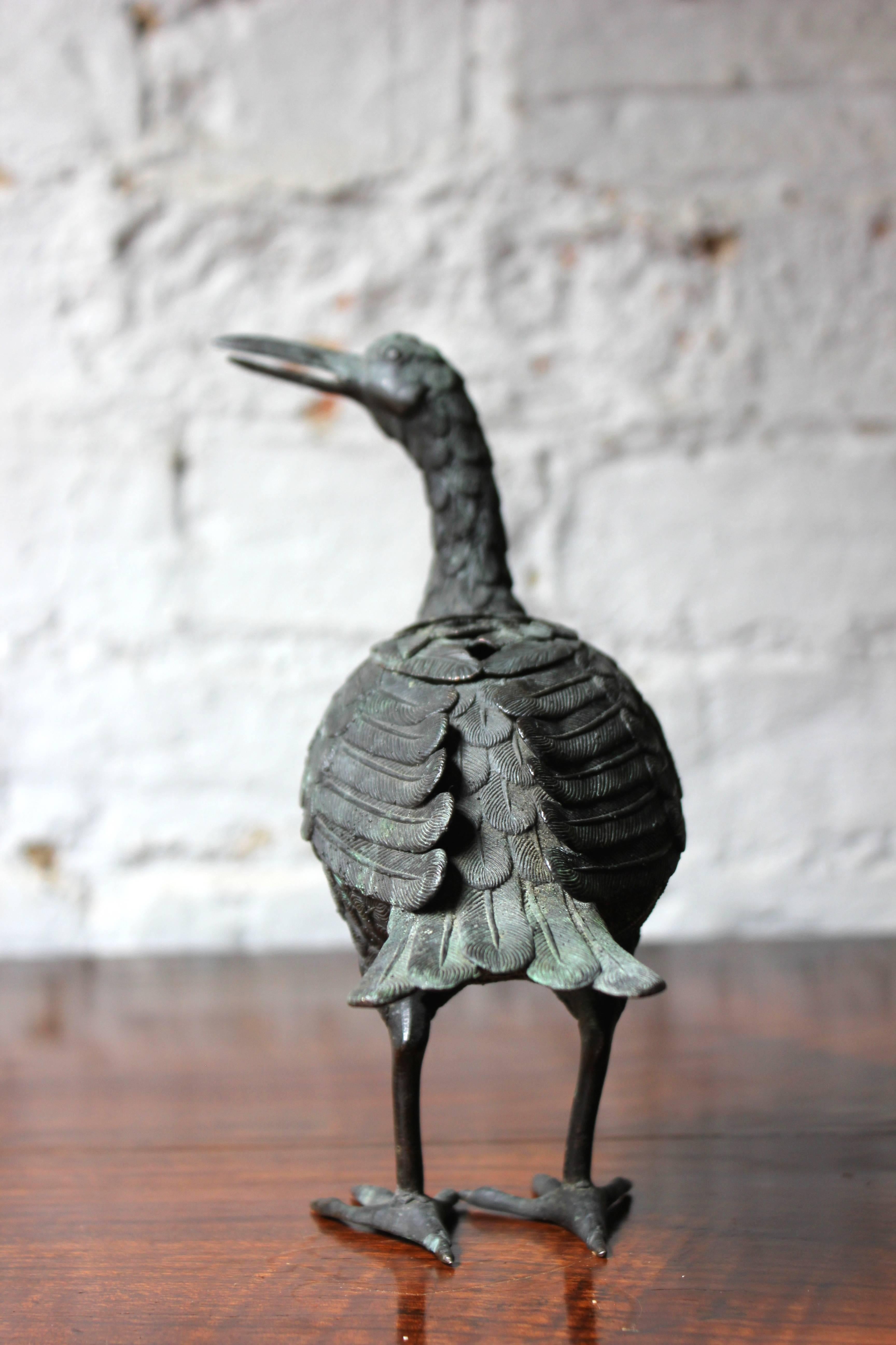 Cast Good Patinated Bronze Incense Burner Formed as a Water Bird, circa 1900