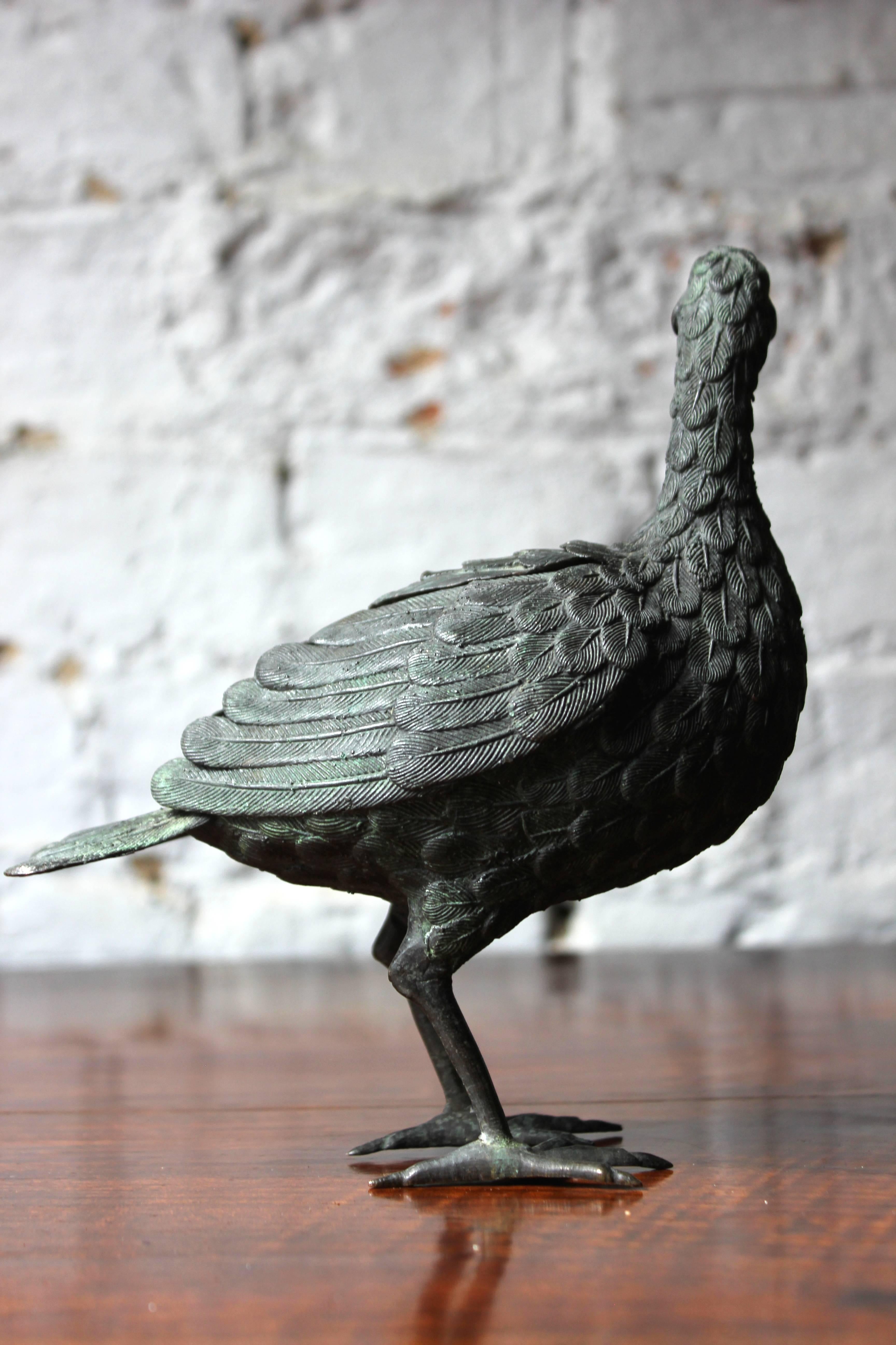 Chinese Good Patinated Bronze Incense Burner Formed as a Water Bird, circa 1900
