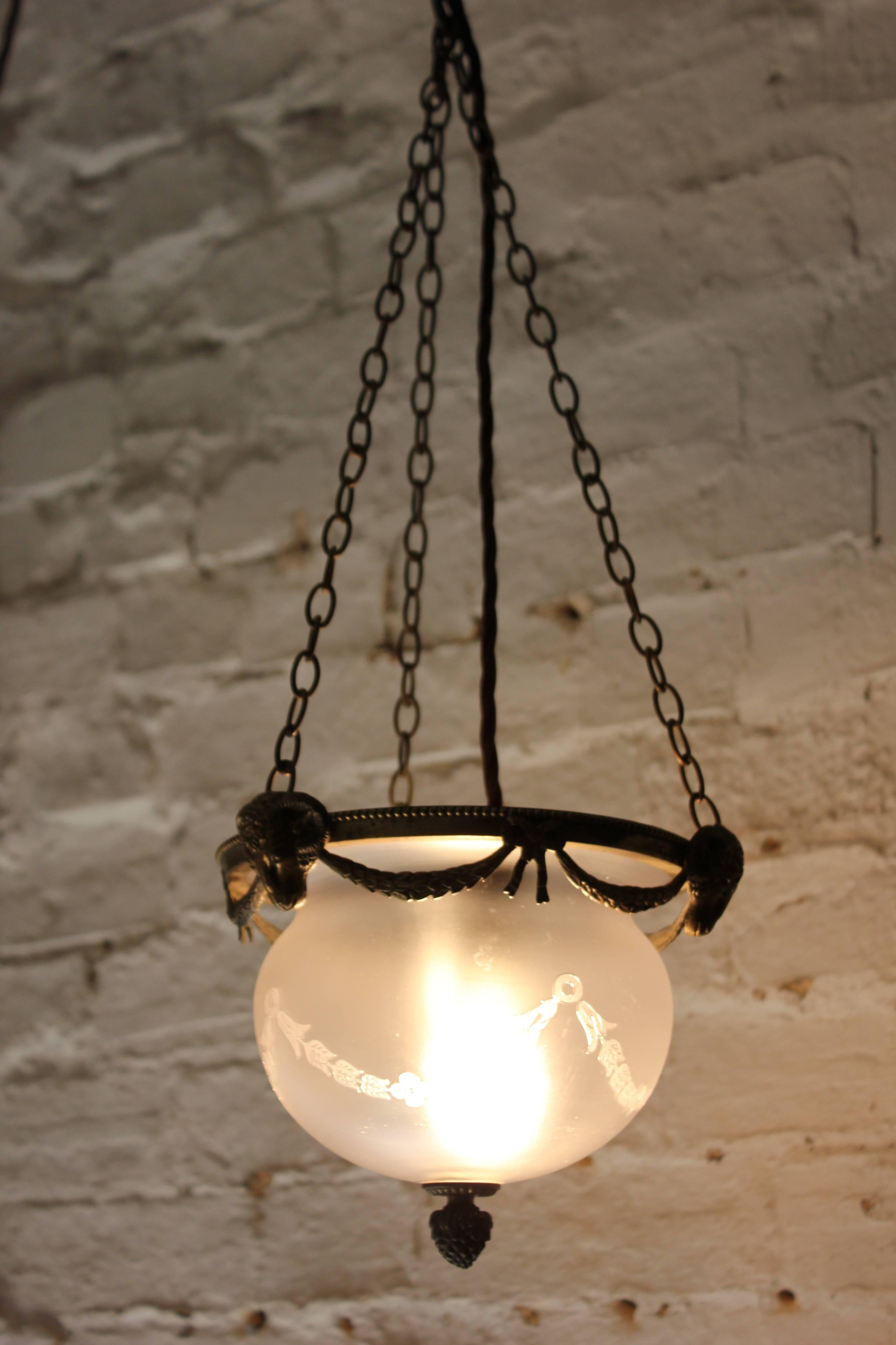 Edwardian Neoclassical Revival Brass and Acid Etched Glass Hanging Pendant Light 1