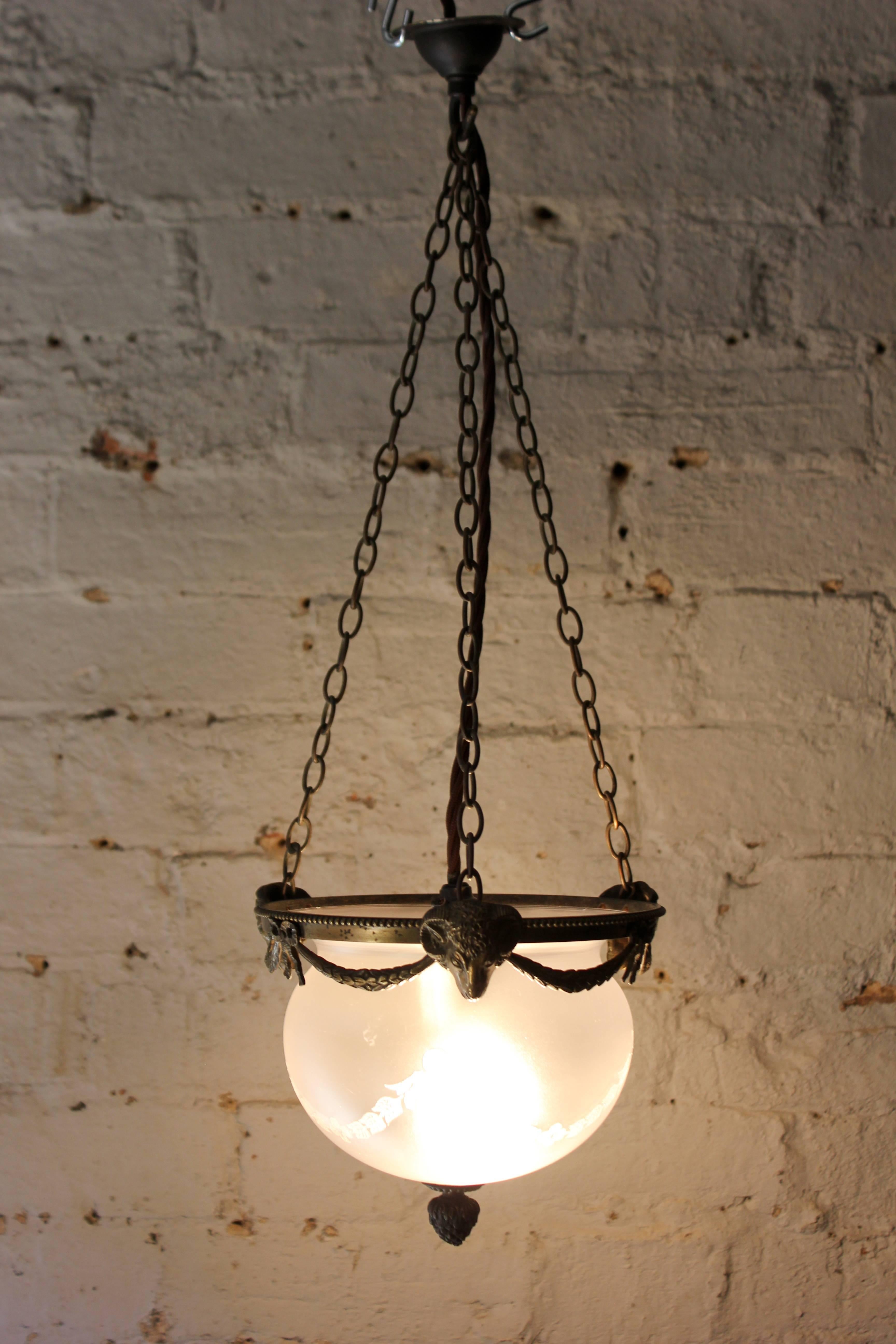 Edwardian Neoclassical Revival Brass and Acid Etched Glass Hanging Pendant Light 2