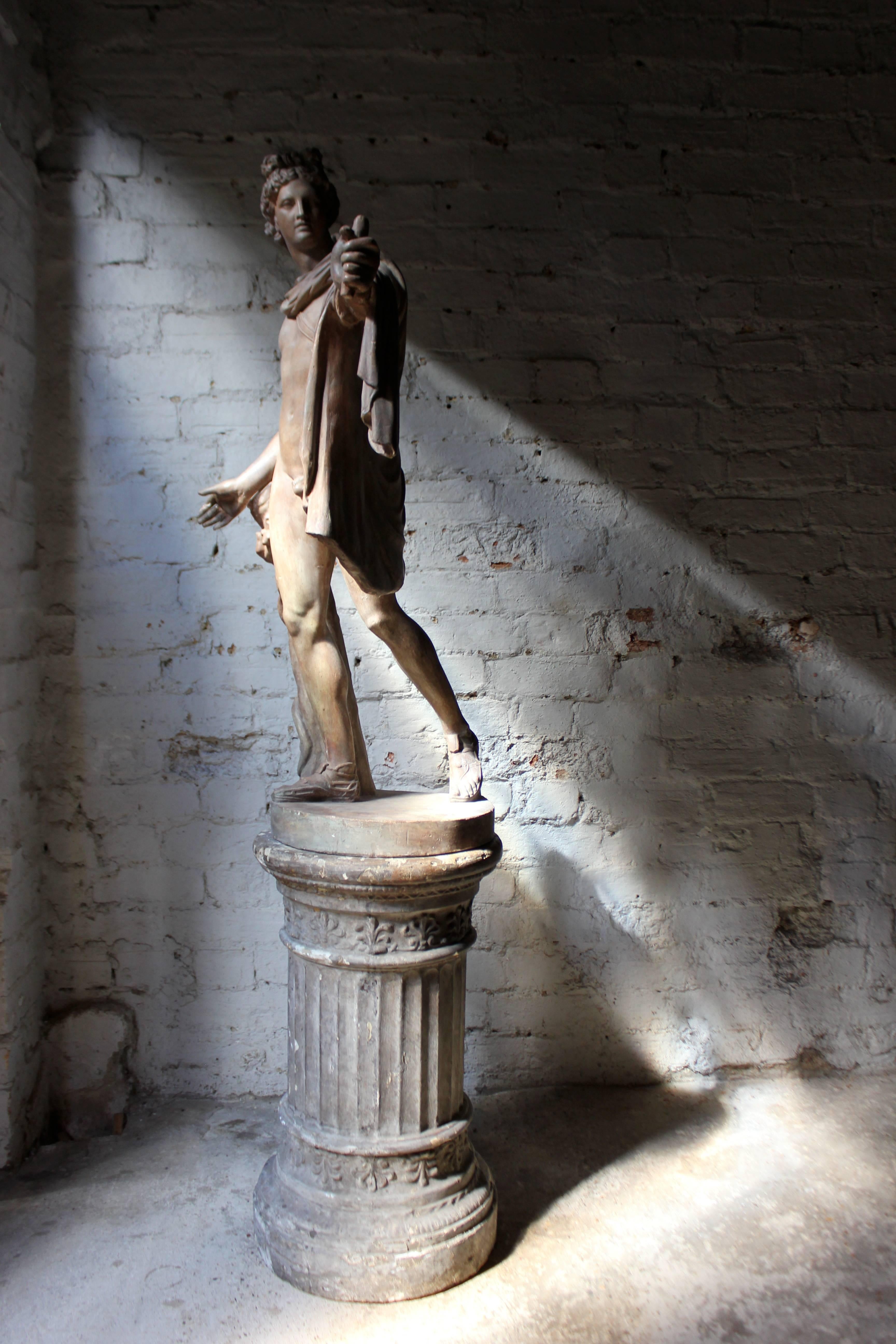 The very finely cast plaster study of the Apollo Belvedere, after the antique, cast in half-size by D. Brucciani & Co under the auspices of the Victorian and Albert Museum, London, the whole mounted on a circular fluted plaster plinth with floral