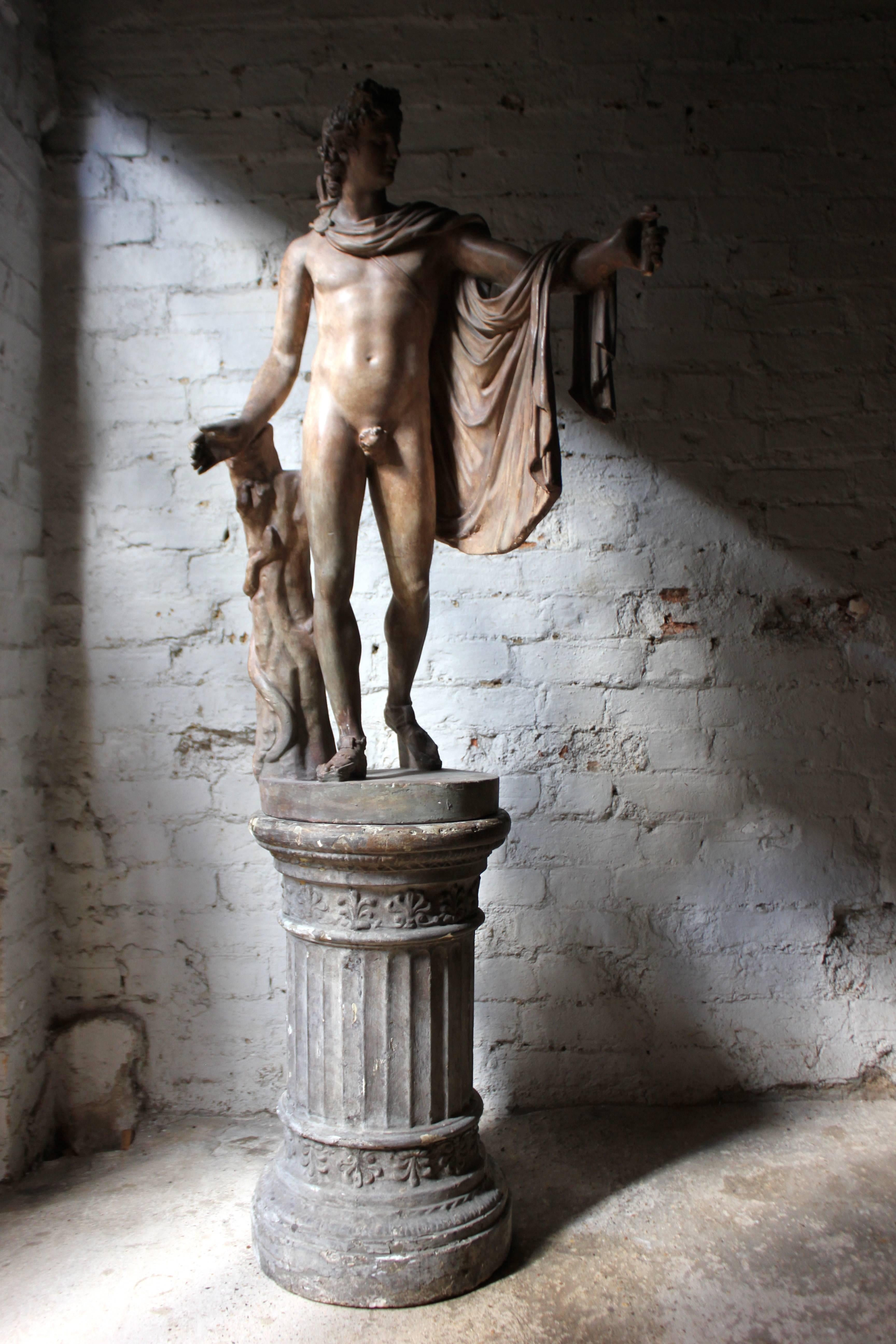 Classical Roman Plaster Figure of the Apollo Belvedere on Plinth Cast by Brucciani under the V&A