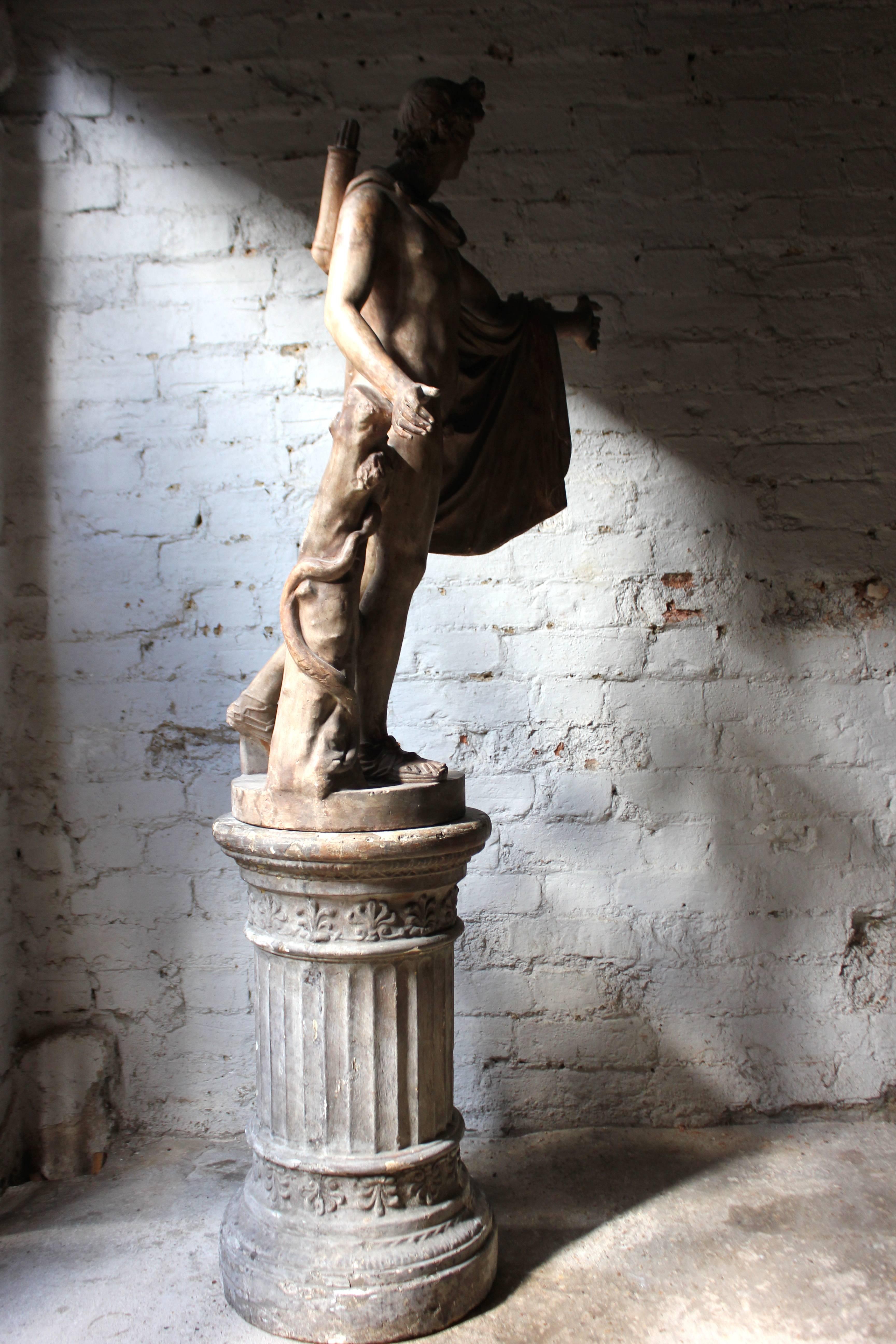 Plaster Figure of the Apollo Belvedere on Plinth Cast by Brucciani under the V&A In Fair Condition In Bedford, Bedfordshire