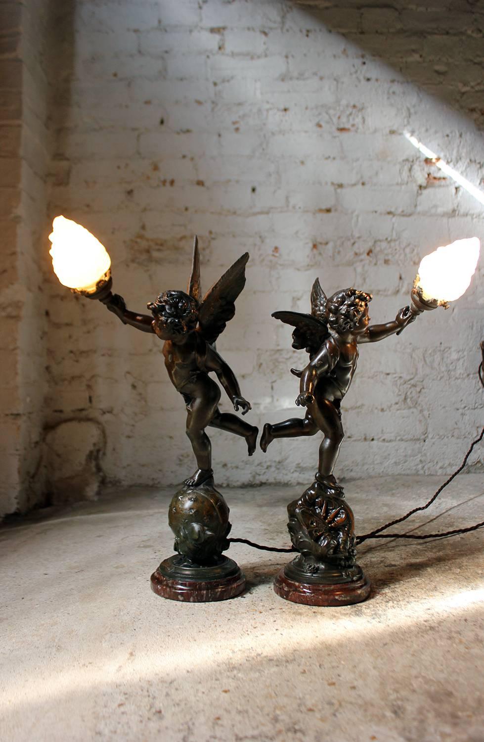Pair of French Spelter & Marble Table Lamps Modeled as Winged Cherubs circa 1915 5