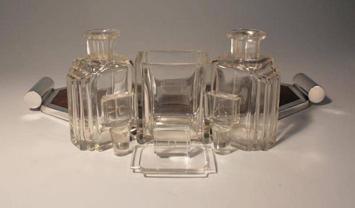 European Art Deco Walnut Silver Plate Three Bottle Tantalus For Sale