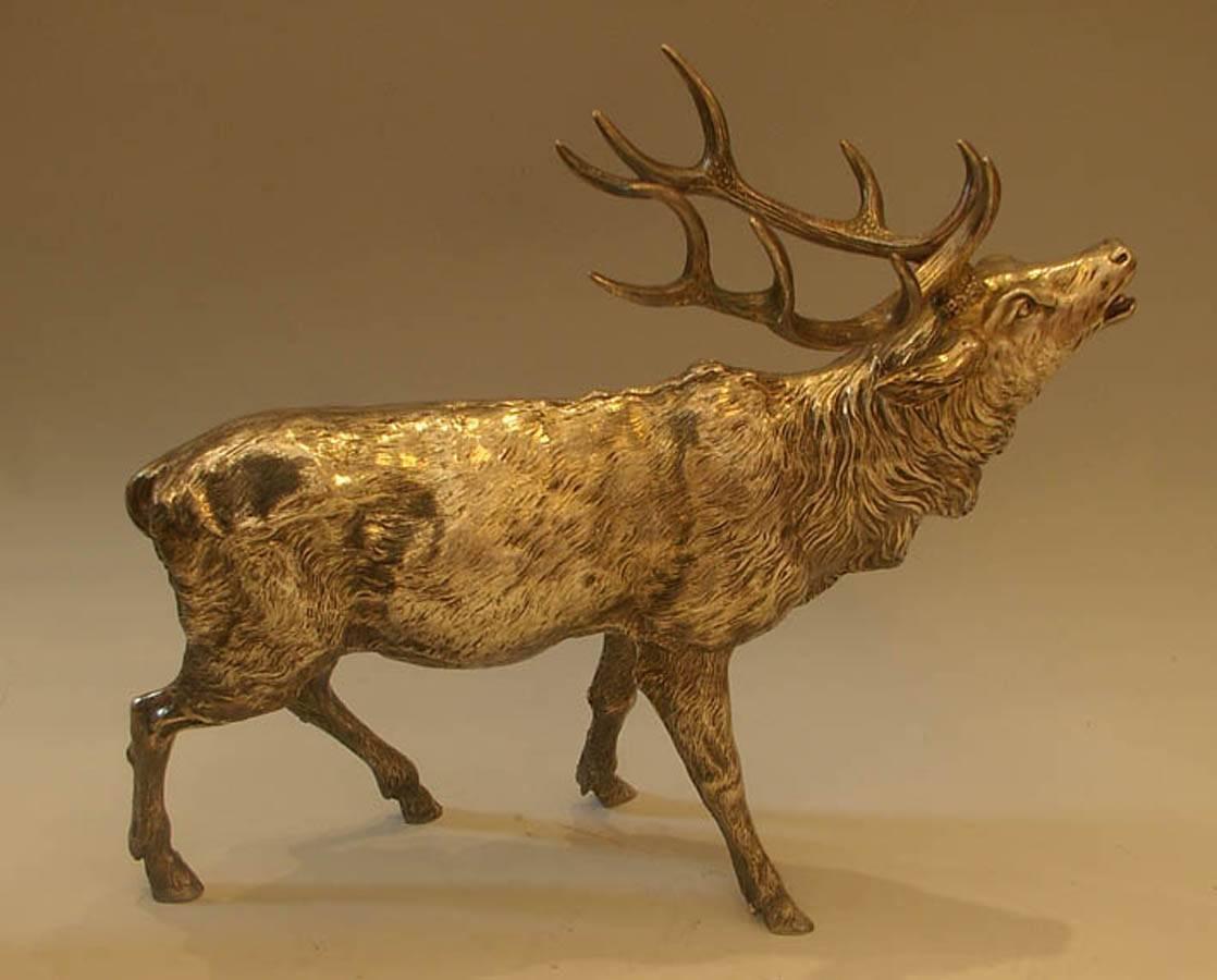 An exceptionally large silver stag. Displaying very aggressive rutting. The head detachable with the antlers showing remanence of the original gilding.

Possibly Swedish, circa 1900.

Measures: 17 inches long, 15 inches high.