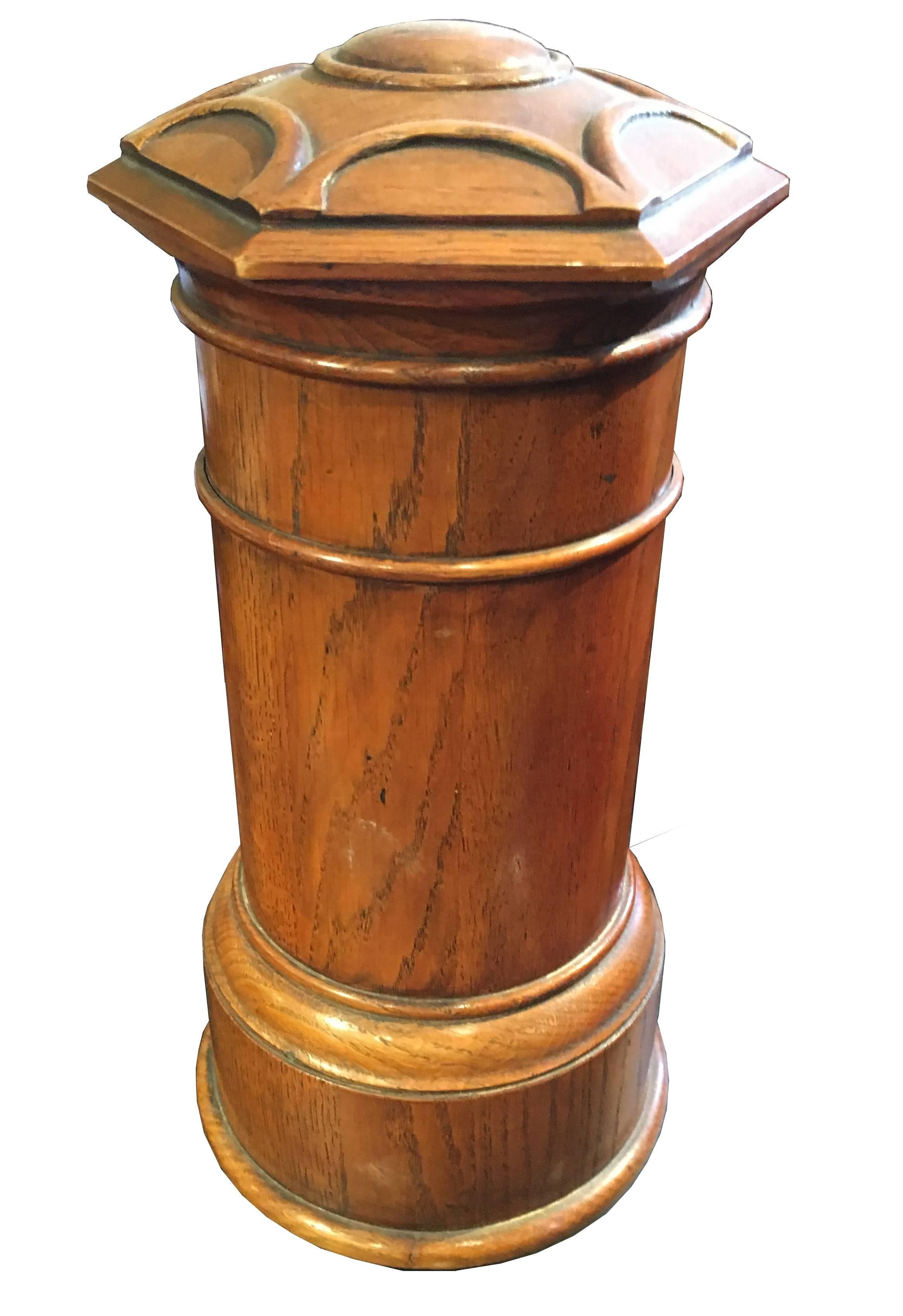 A late 19th century oak country house postbox. English, circa 1884. Height 15 1/4 inches.

A rare and unusual Victorian oak and brass country house postbox, Victorian, circa 1884. The postbox is lined with its original leather, outside the door