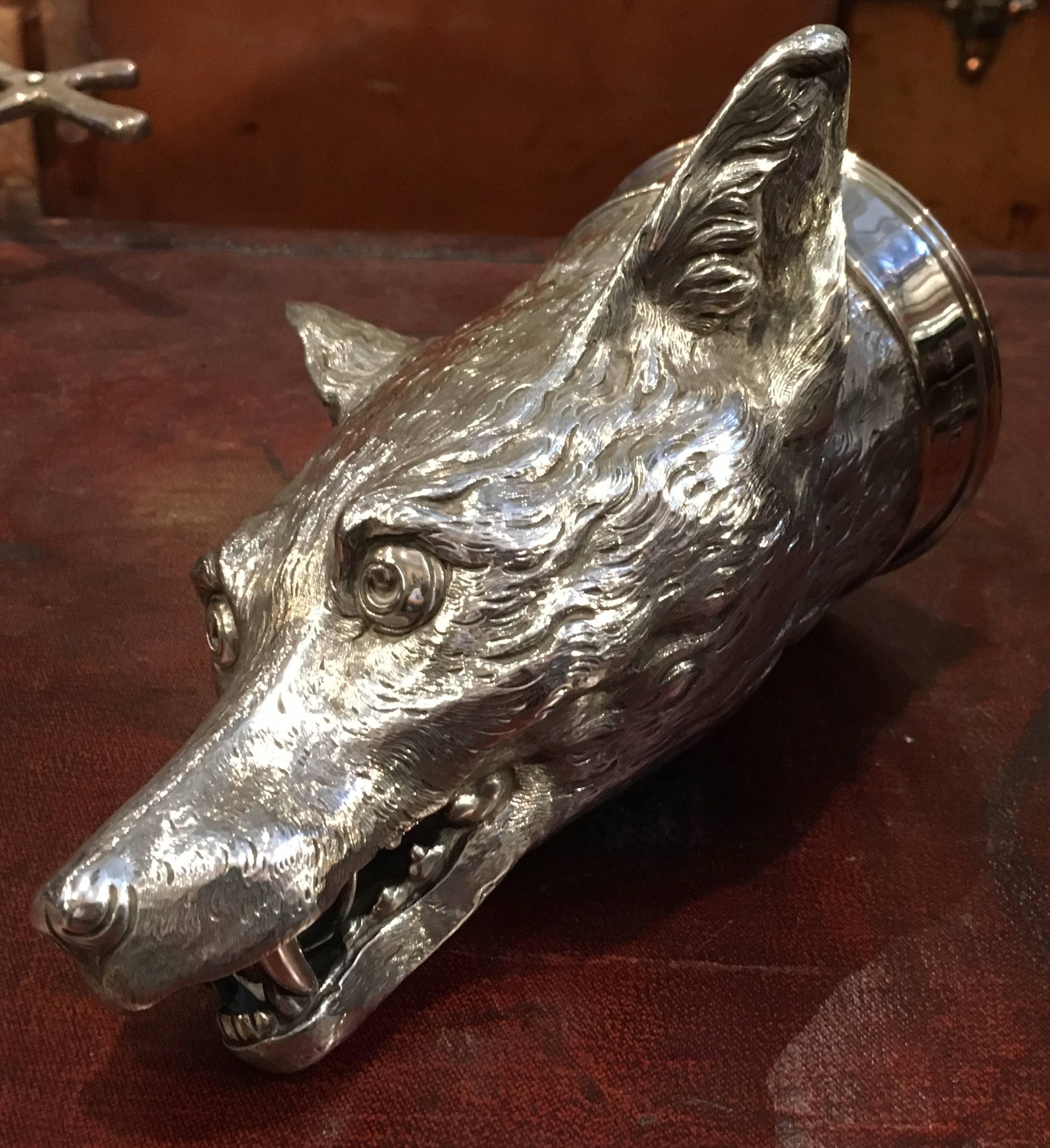 Edwardian Large Sterling Silver Fox Stirrup Cup