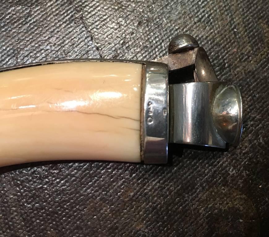 A lovely polished tooth cigar cutter, having a silver eagle head with garnet eye and silver cutter mechanism.

By George Adam Scheid, circa 1890

Dimensions: 6 inches from tip of beak to edge of cutter.