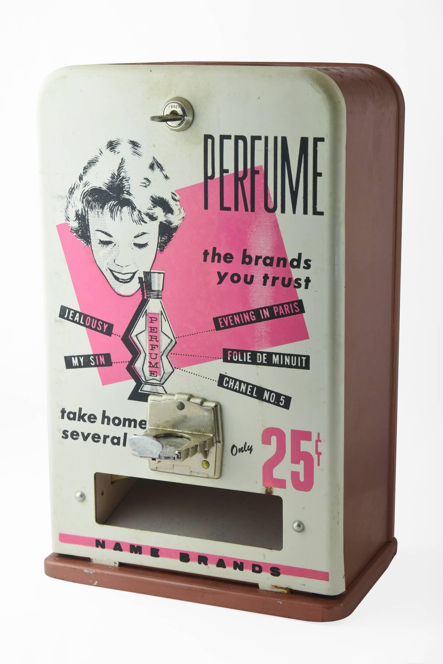 Rare 1950s A. B. T. Manufacturing Co. ladies perfume 25C quarter vending machine / sign

This fantastic vintage 1950s perfume vending machine has wonderful graphics of a woman's face and a perfume bottle. Unlike most perfume dispensers, this one
