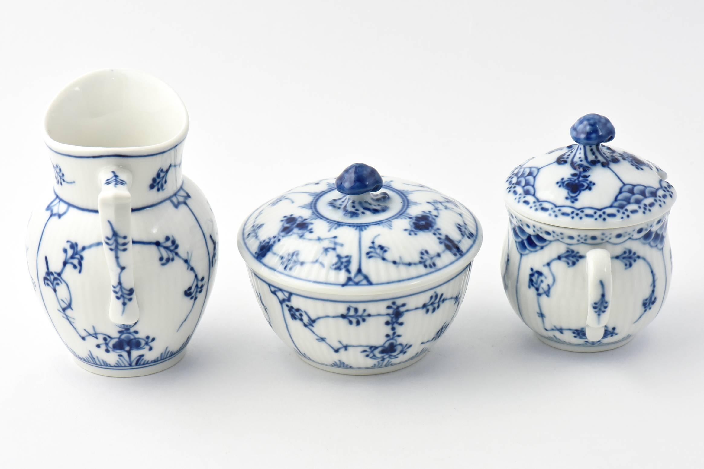 Porcelain Royal Copenhagen Blue Fluted Pattern Sugar, Creamer and Covered Custard Cup Set