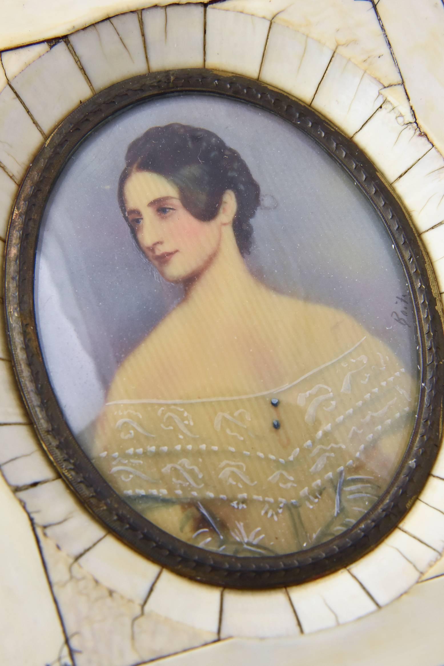 Other Antique Hand-Painted Portrait of Woman on Celluloid in Bone Frame