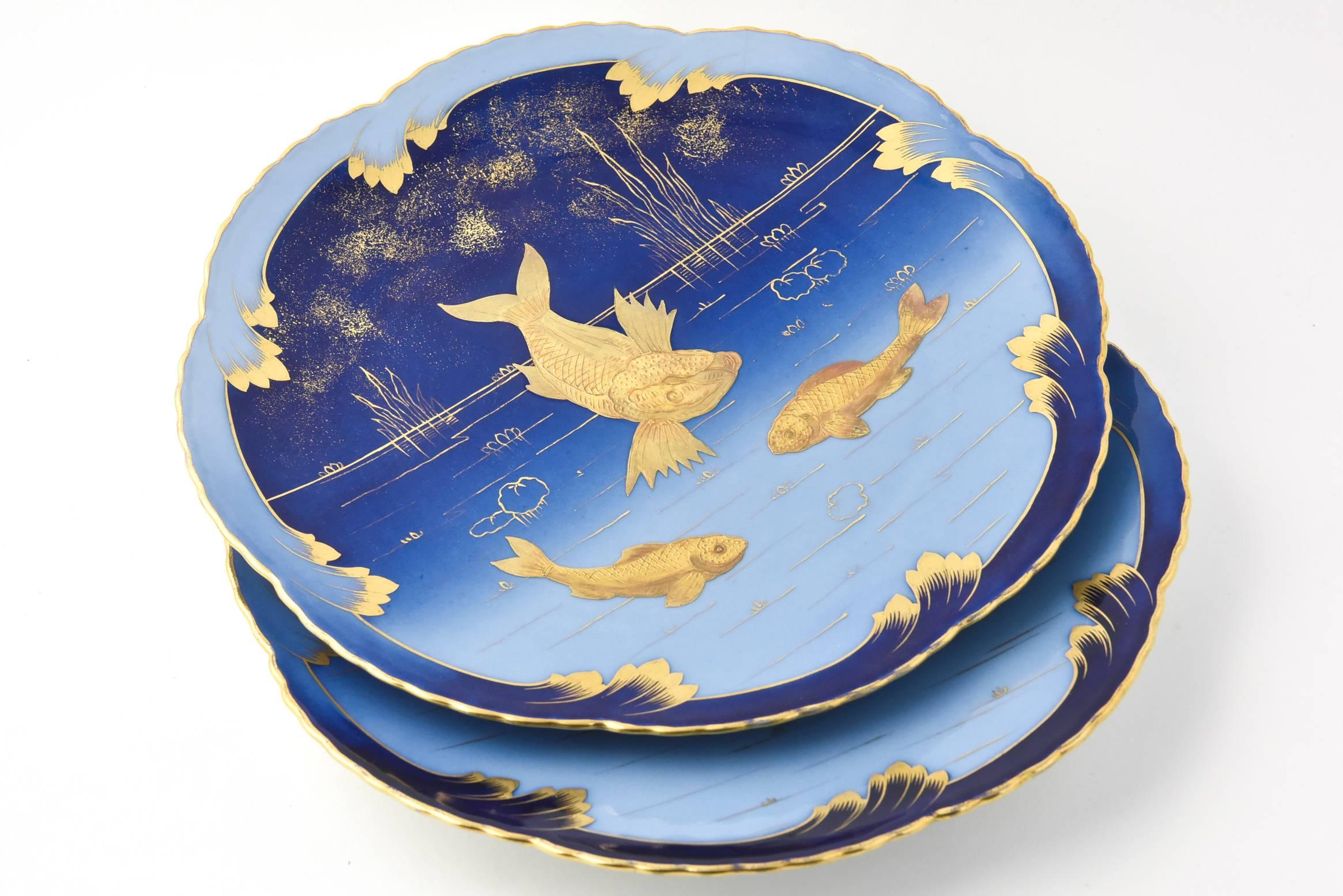 Fired Pair of 19th Century Porcelain Gold and Blue Fish Plates By Pirkenhammer