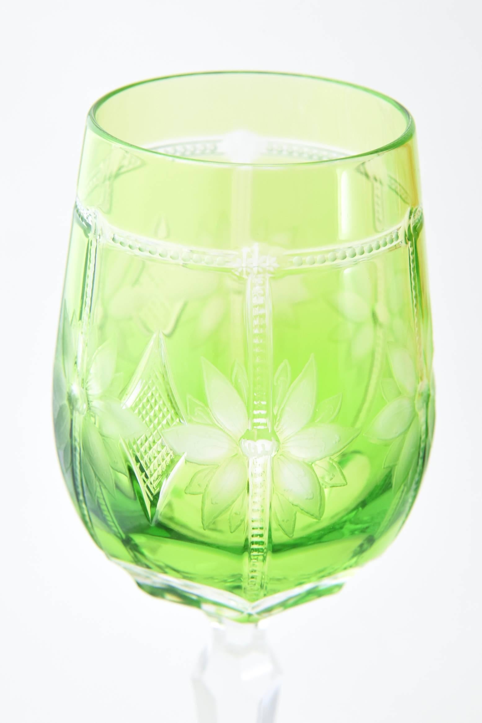 Hungarian Four Hand-Cut Floral Crystal Water Glasses by Varga Avignon