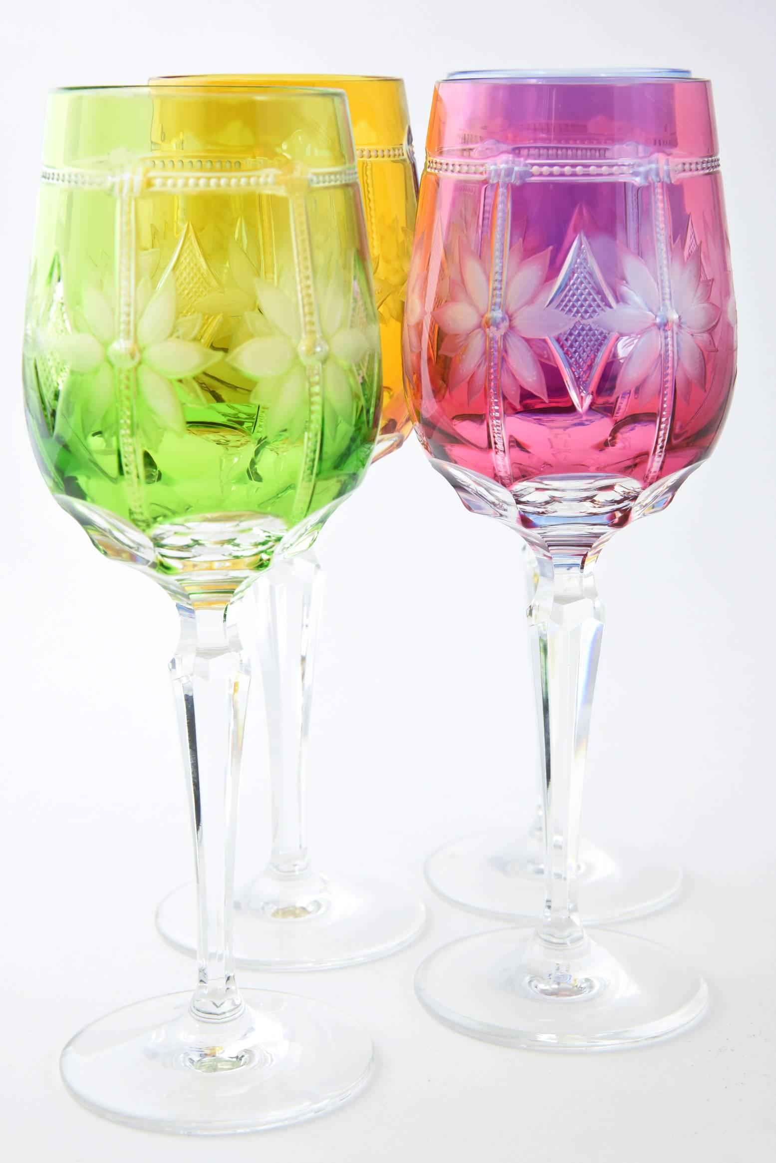 Hand-Crafted Four Hand-Cut Floral Crystal Water Glasses by Varga Avignon