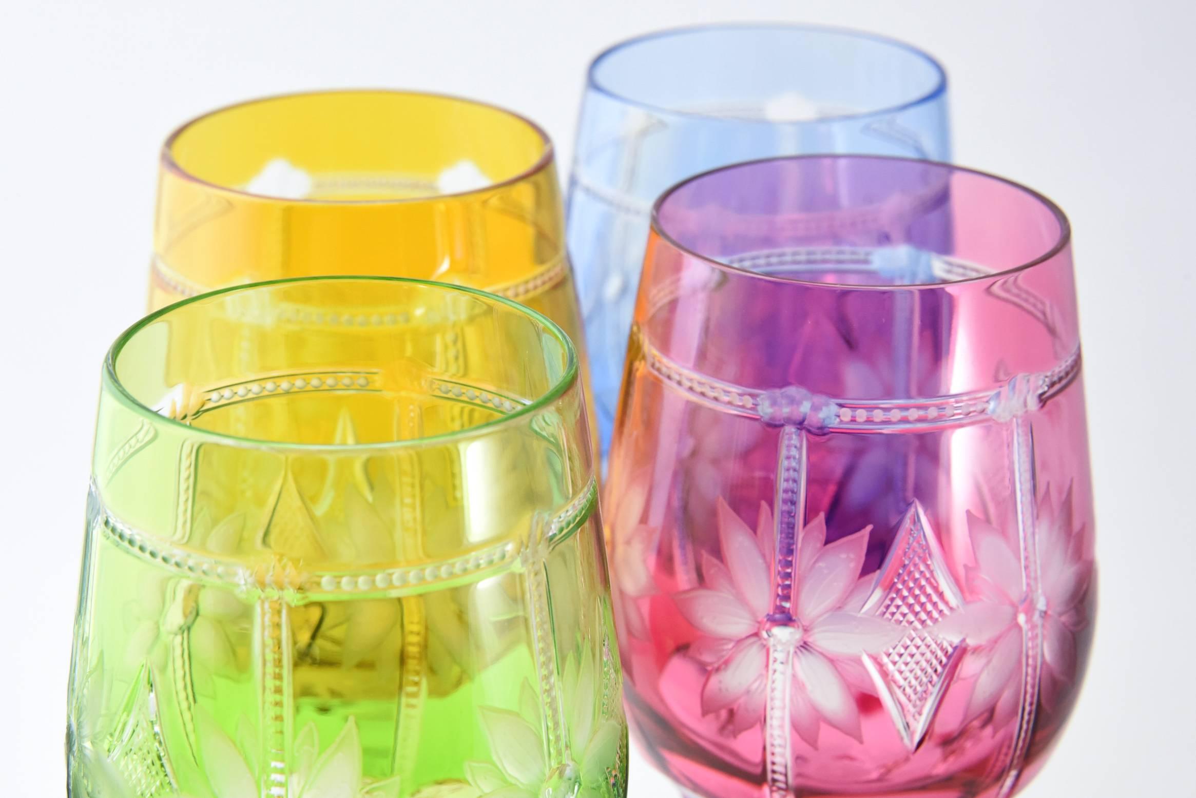Four Hand-Cut Floral Crystal Water Glasses by Varga Avignon In Excellent Condition In Miami Beach, FL
