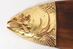 Mid-20th Century Teak Fish Platter with Gold Tone Fish Serving Fork and Knife