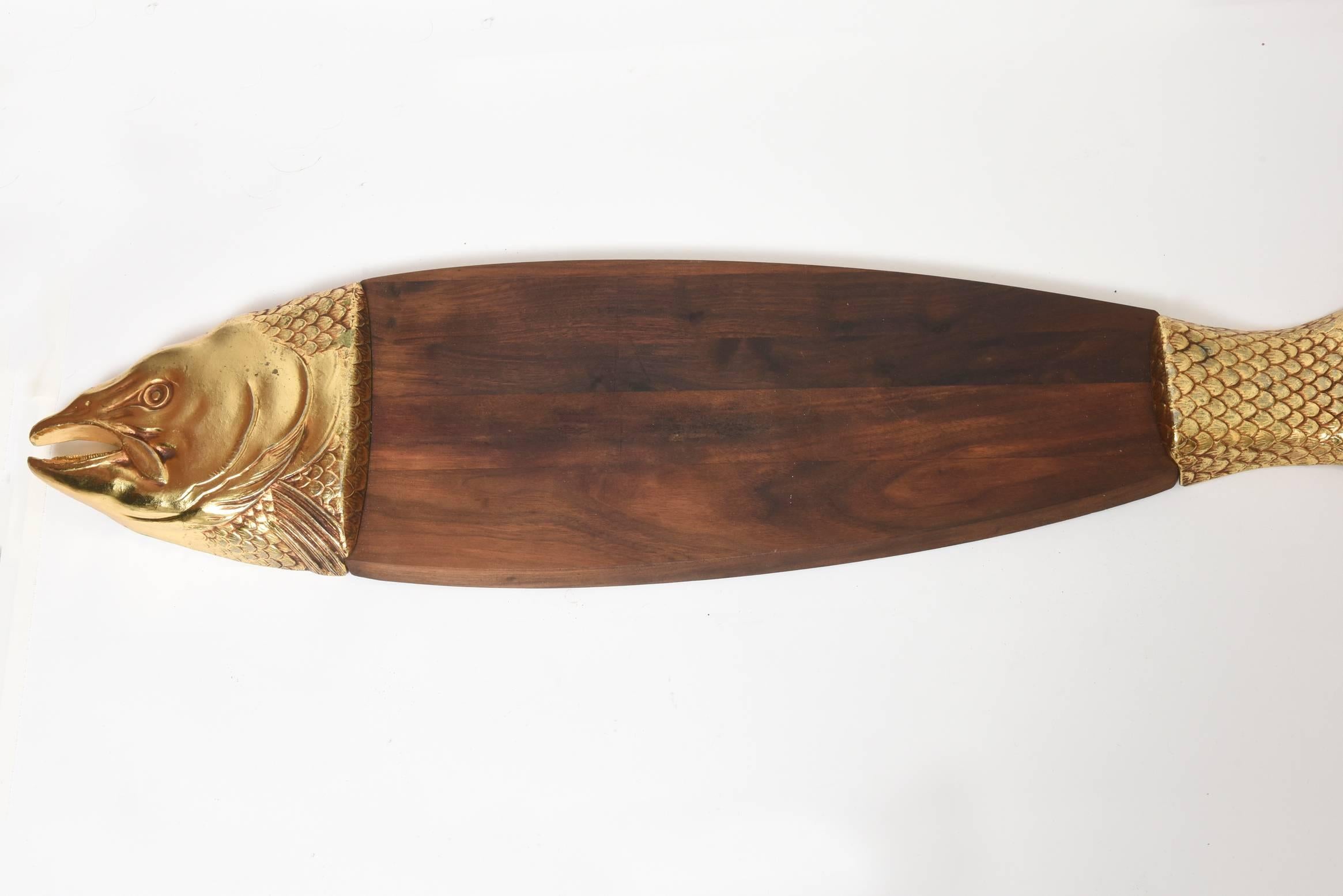 Mid-Century Modern Mid-20th Century Teak Fish Platter with Gold Tone Fish Serving Fork and Knife