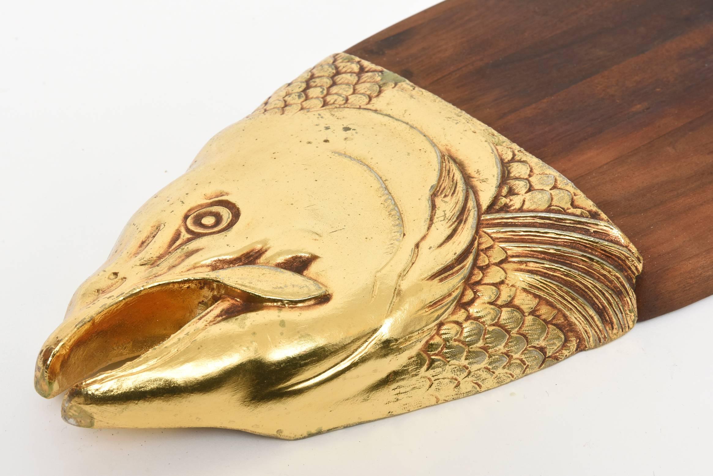 Mid-20th Century Teak Fish Platter with Gold Tone Fish Serving Fork and Knife 1