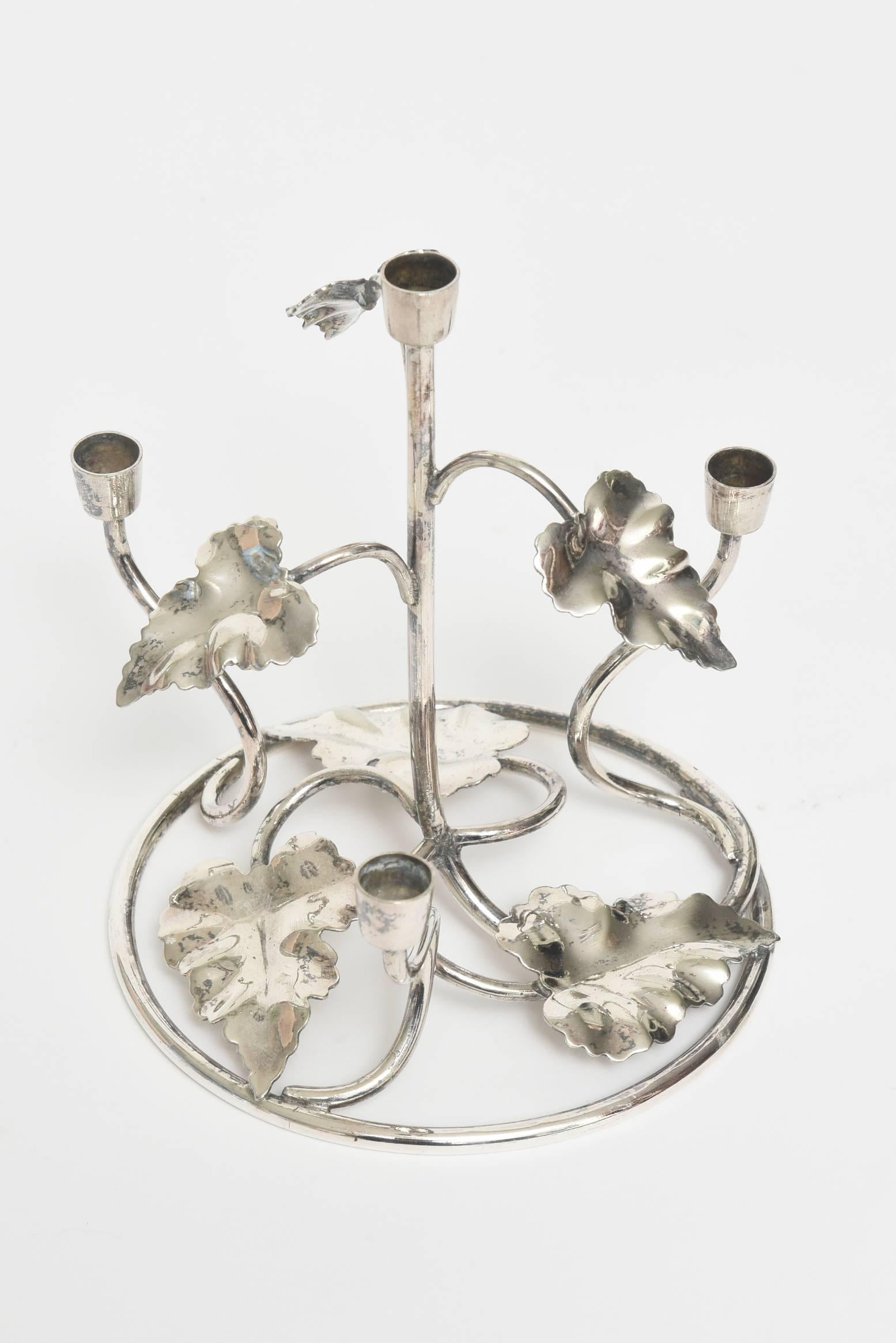 Silver Plate Floral Leaf Candle Stick Holder, Four Candles For Sale 1