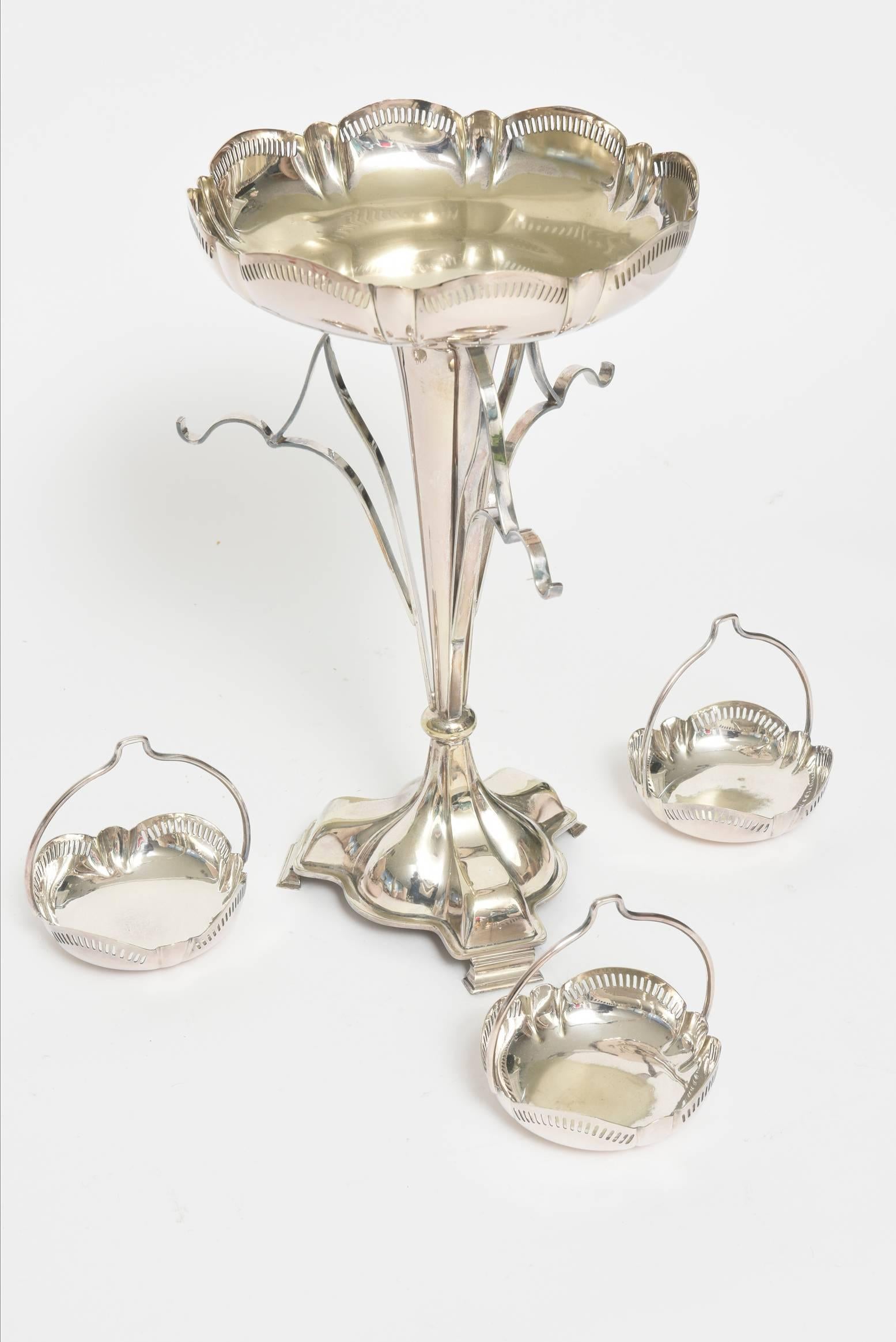 20th Century Antique Edwardian Silver Plate Epergne Centerpiece with Candy and Sweets Baskets