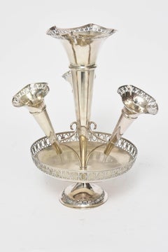 English Silver Plate Epergne Centerpiece Four Trumpets with Basket Base