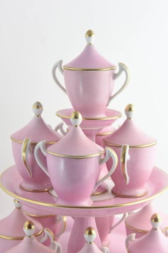 Antique Old Paris Pink and White Pots de Crème Set Cups with Tiered Stand
