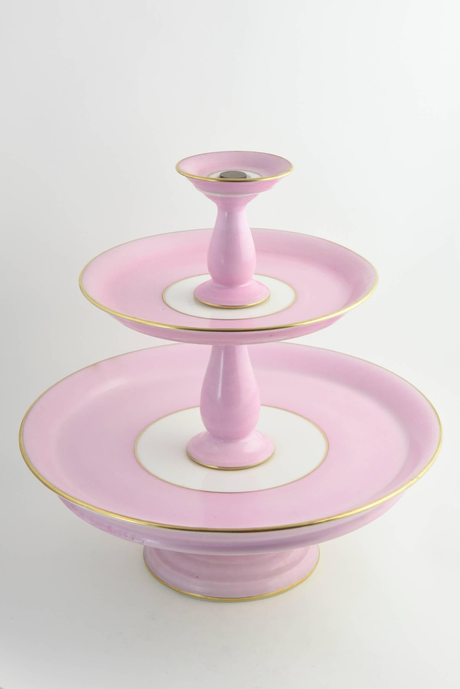 French Antique Old Paris Pink and White Pots de Crème Set Cups with Tiered Stand