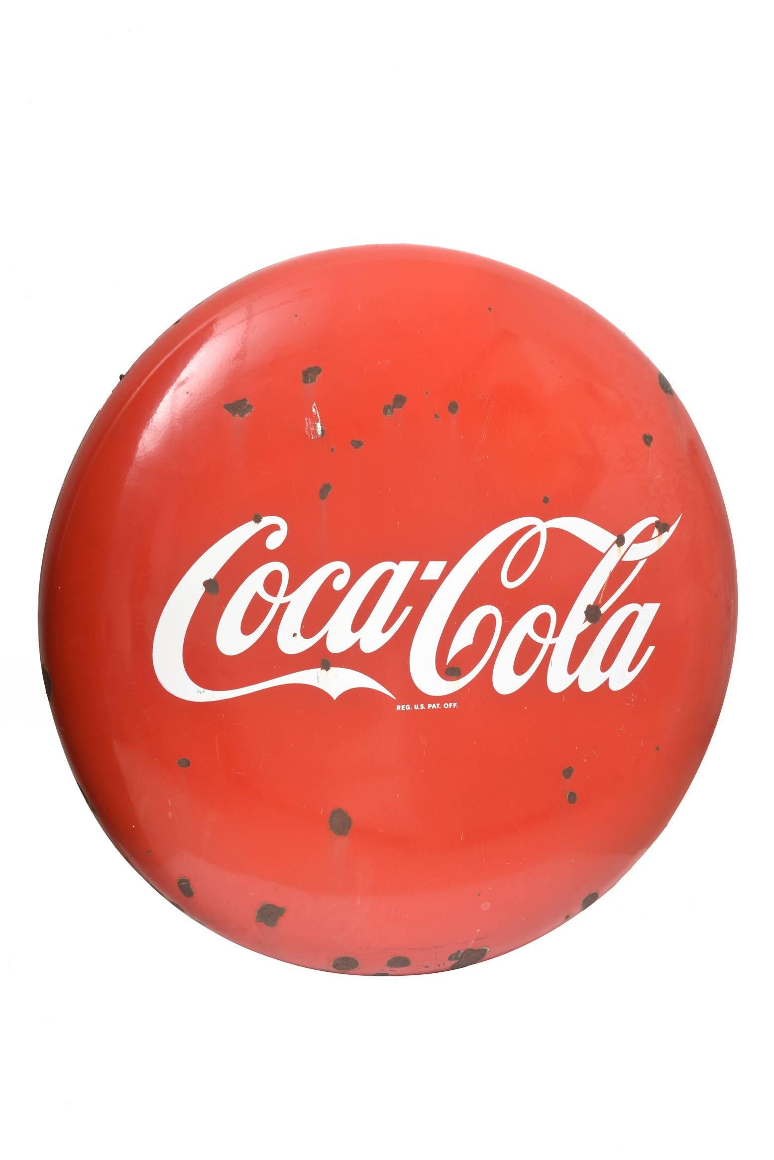 Vintage distressed 1950s mid century Coca-Cola button sign  36