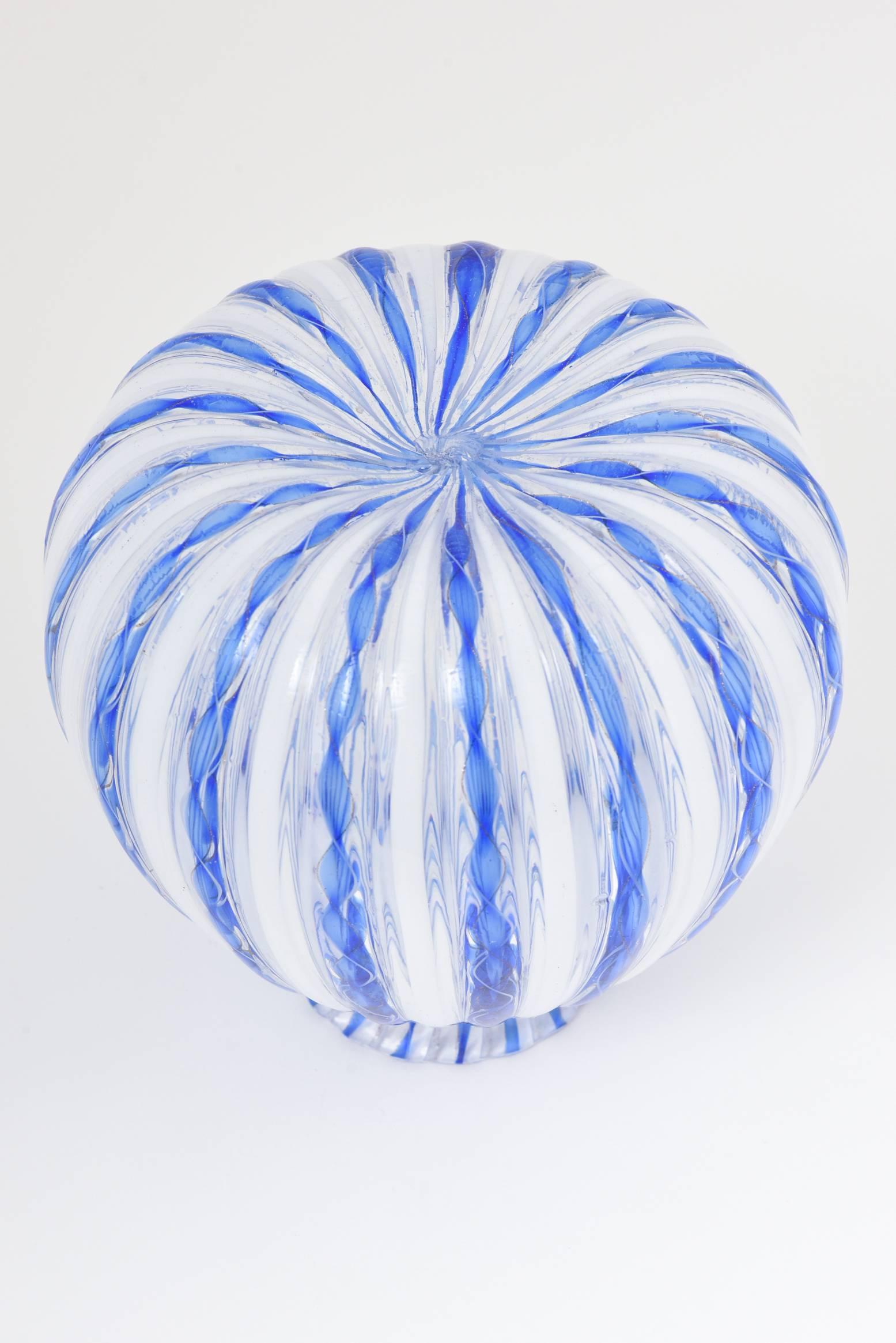 Hand-Crafted Murano Blue Ribbon and White Stripe Italian Art Glass Vase