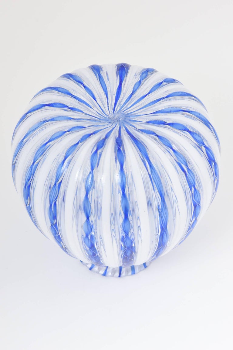 Murano Blue Ribbon and White Stripe Italian Art Glass Vase at 1stDibs