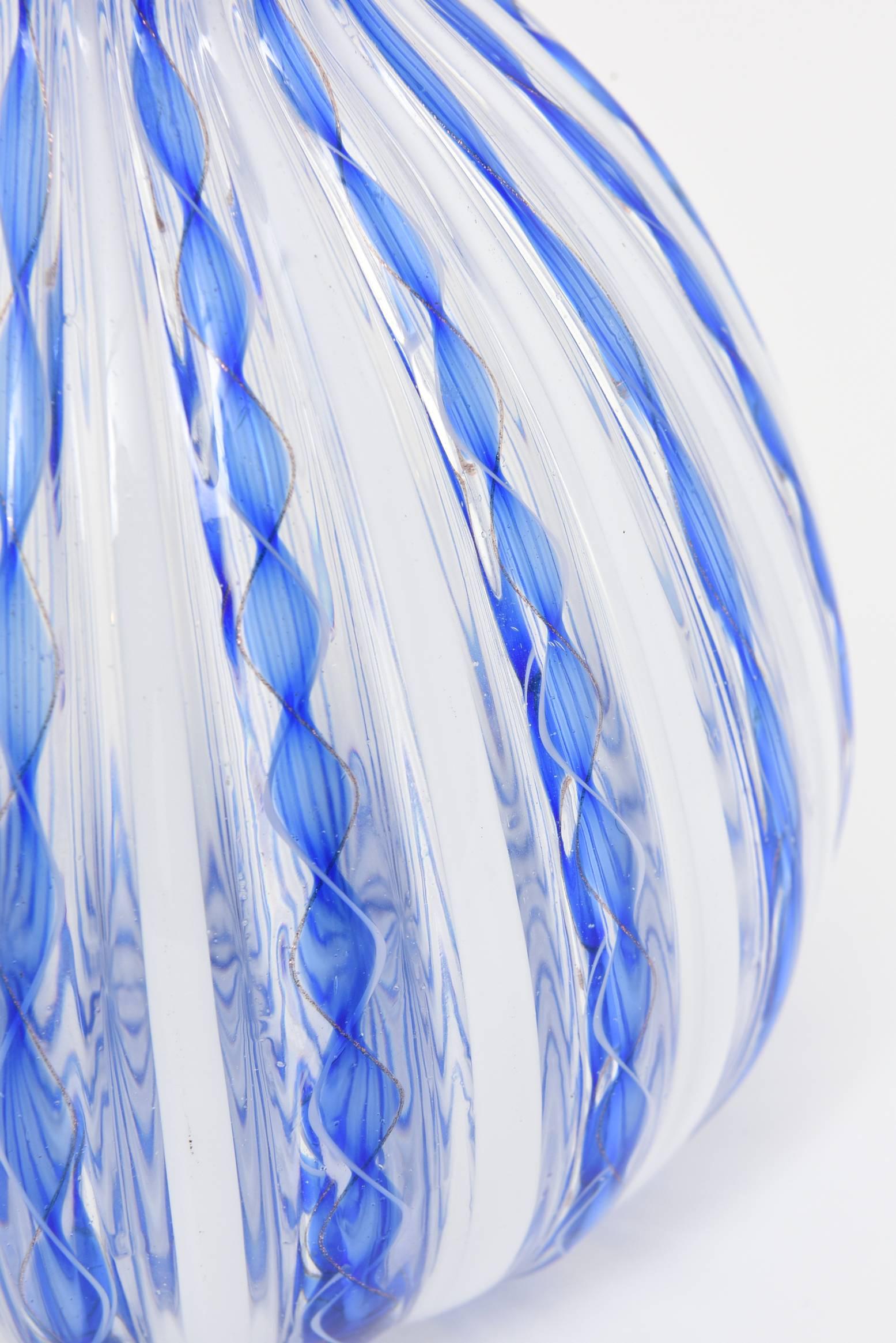 Murano Blue Ribbon and White Stripe Italian Art Glass Vase In Excellent Condition In Miami Beach, FL
