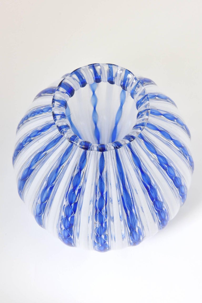 Murano Blue Ribbon and White Stripe Italian Art Glass Vase at 1stDibs