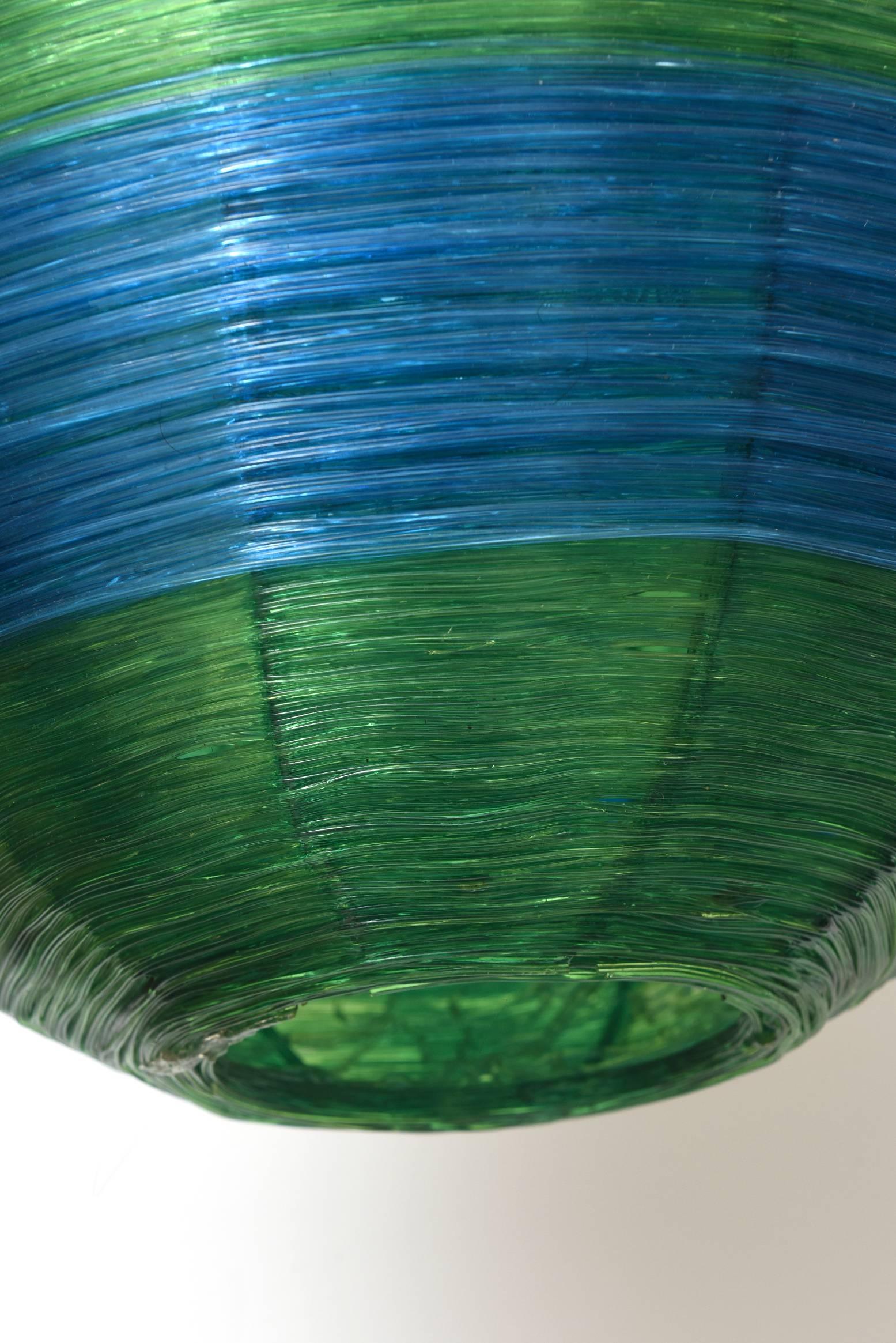 Woven Midcentury Fiberglass Green and Blue Hanging Ball Lamp