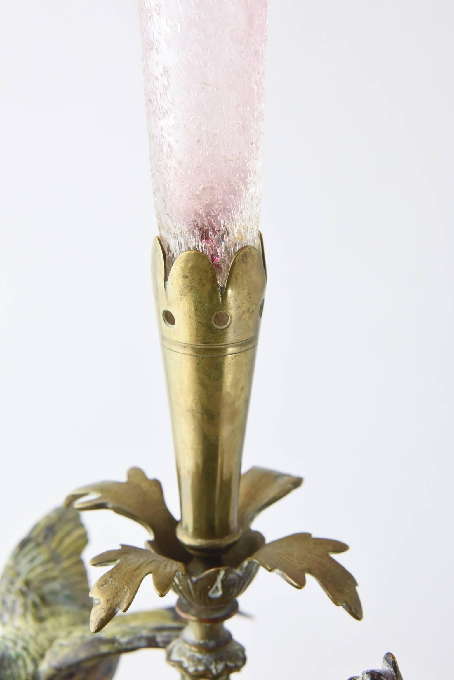 Fired Early 20th Century Vienna Bird Epergne Centerpiece with Tulip Art Glass Vase For Sale
