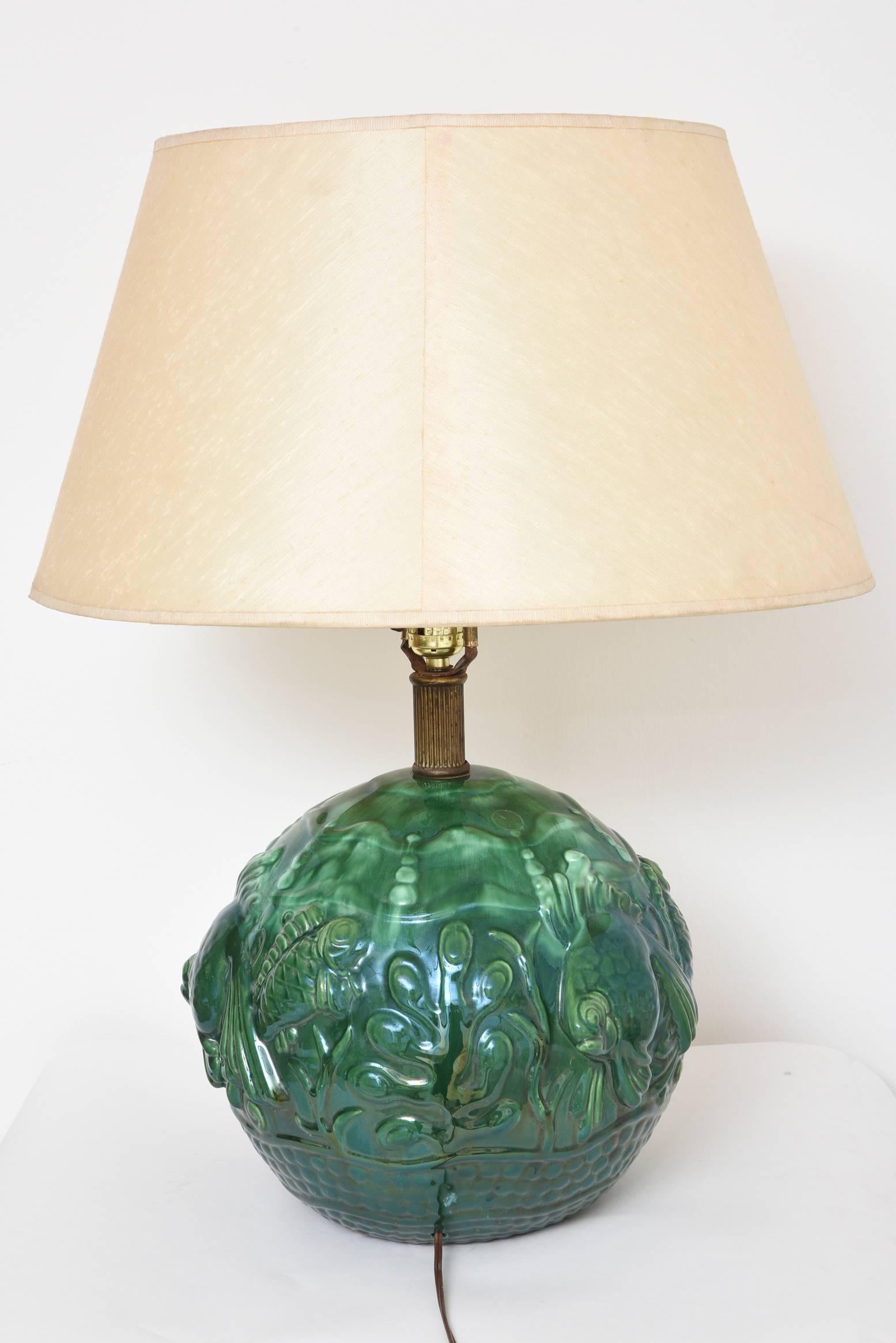 Other French Art Deco Green Ceramic Fish Lamp