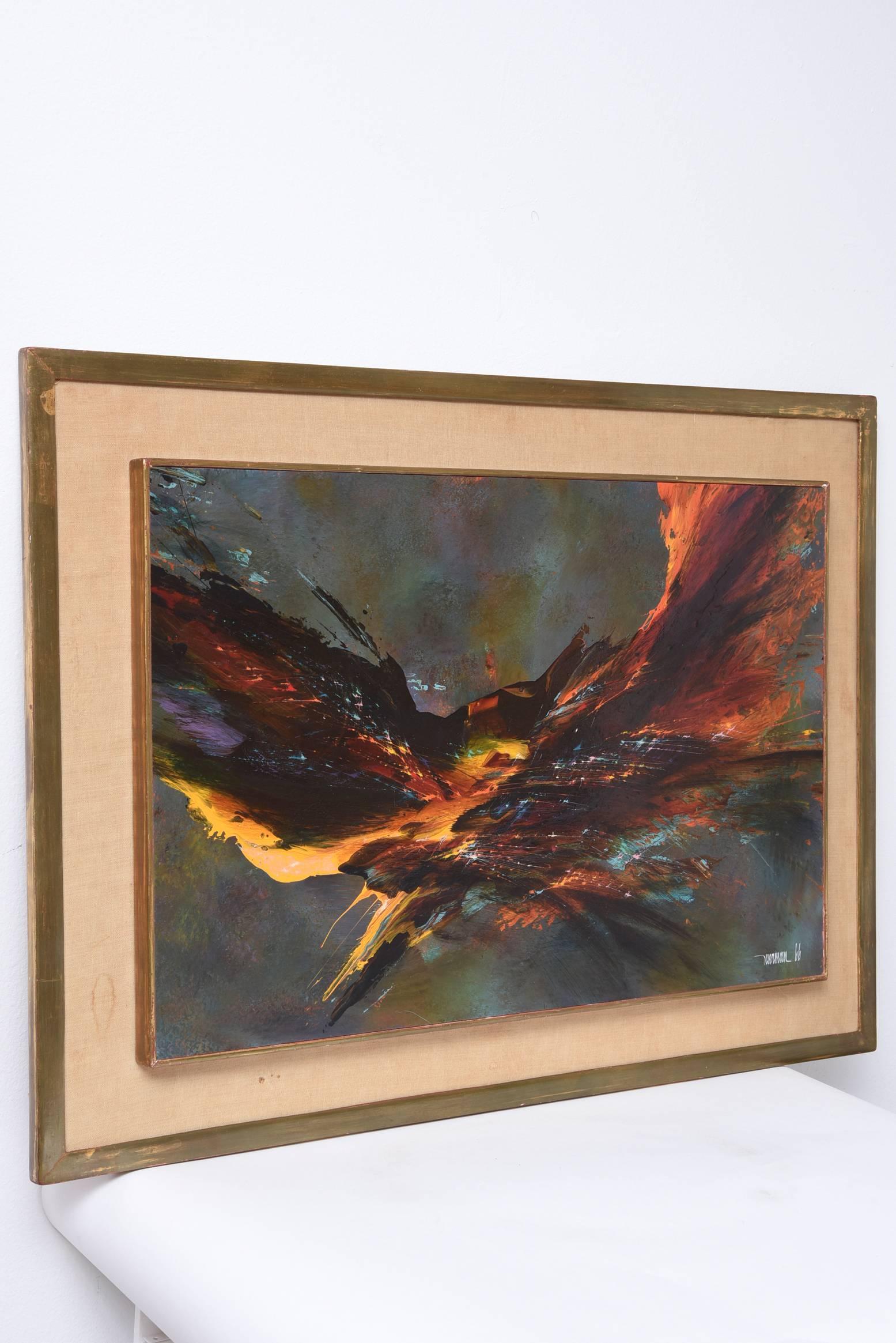 Intense acrylic on masonite painting Titled Bird Fury by Leonardo Nierman signed and dated in the lower right Nierman 66.

According to Art Brokerage:
Leonardo Nierman Mexican Artist: b. 1932. Leonardo Nierman's paintings vibrantly come to life