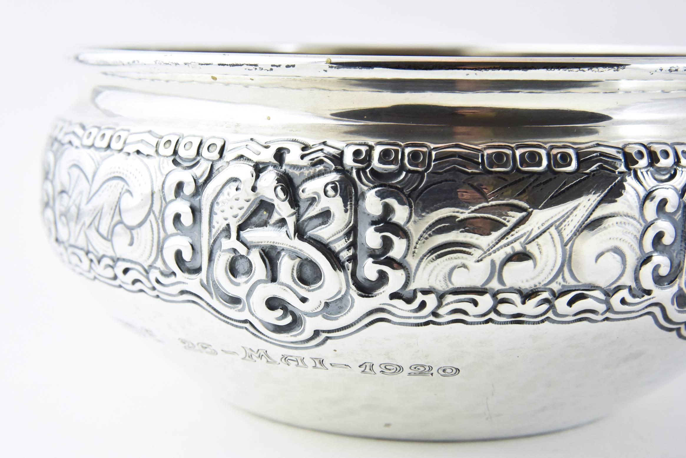 Hand-Crafted Ornate Nordic Arts & Crafts Bowl by Oslo Silversmith Thune For Sale