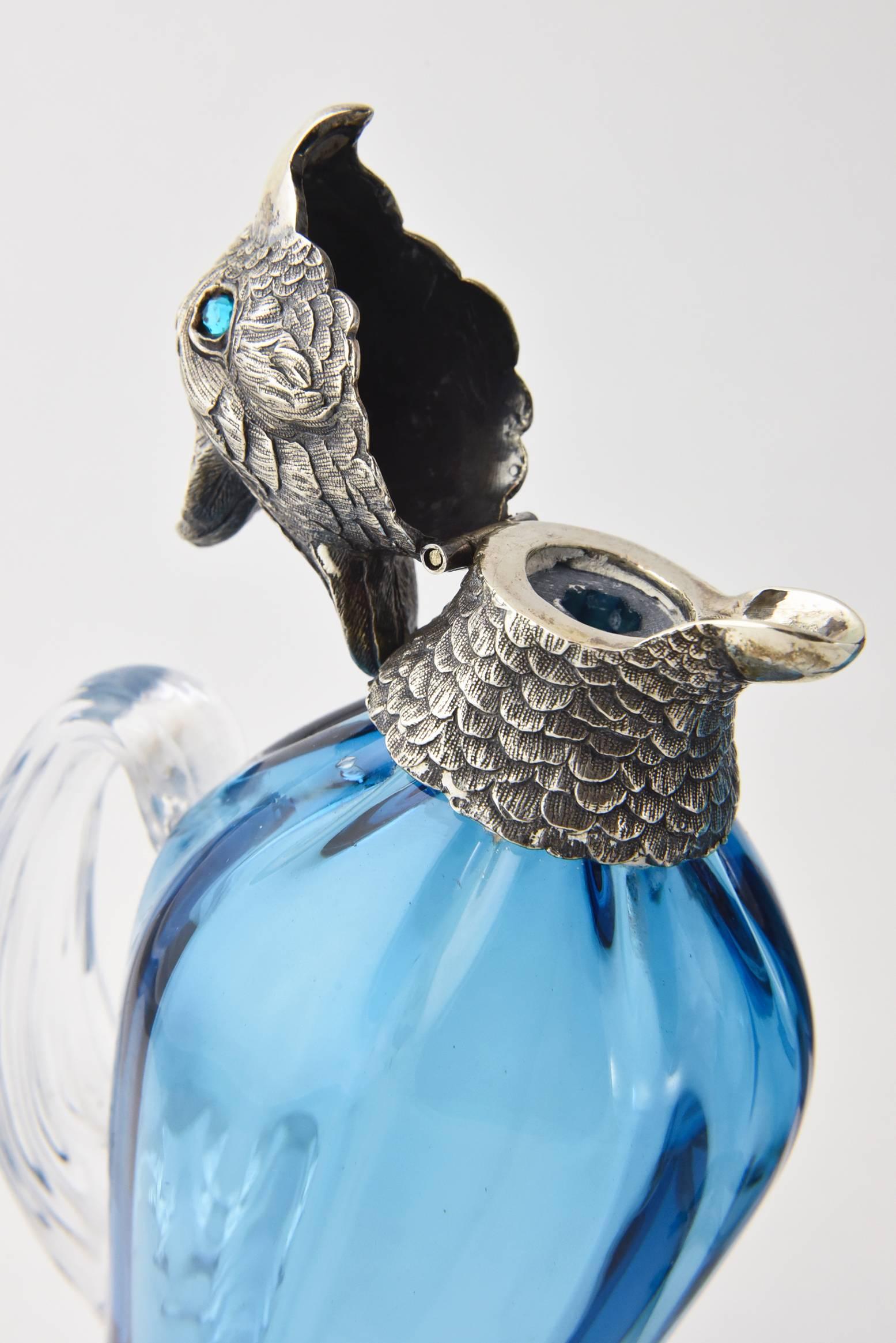 European Sterling Silver & Art Glass Figural Bird Oil and Vinegar
